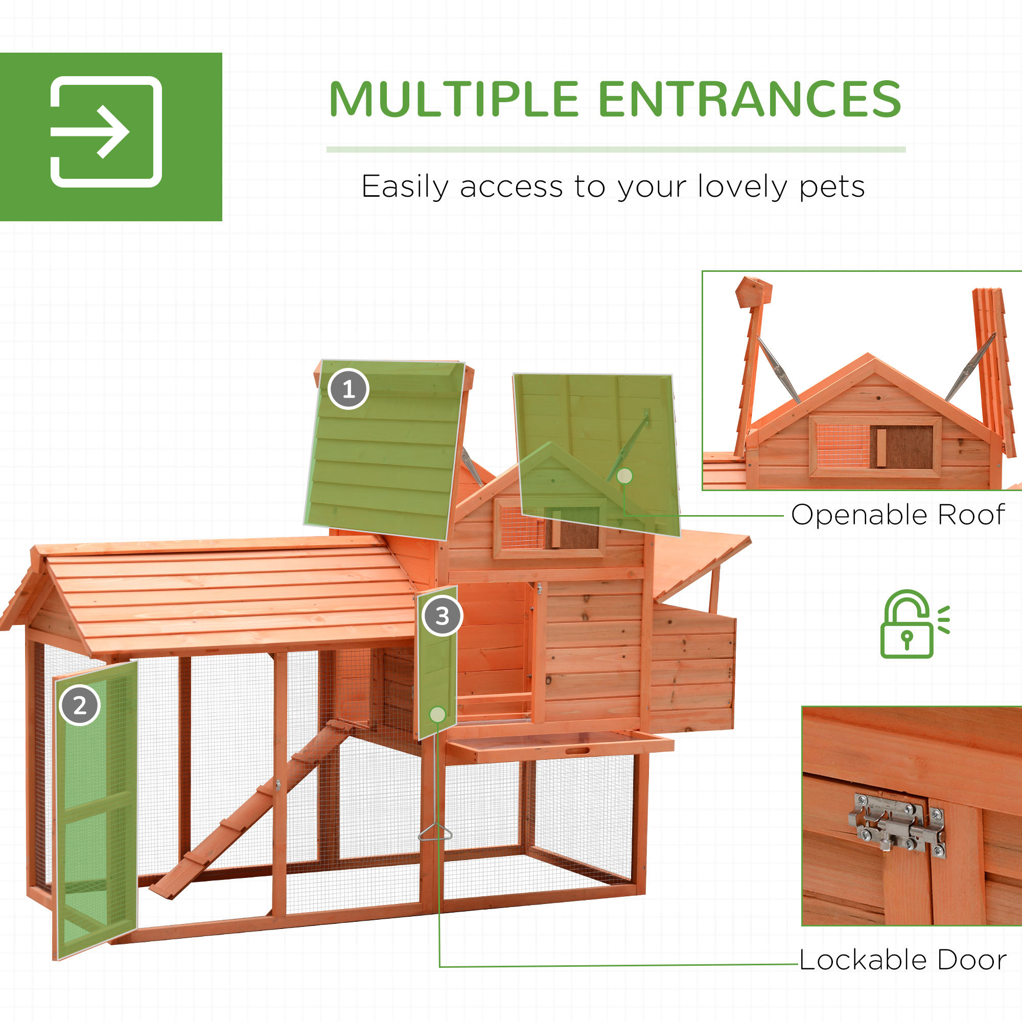 82" Deluxe Chicken Coop Wooden Large Hen House with Run and Nesting Box for Hens Rabbits, Orange