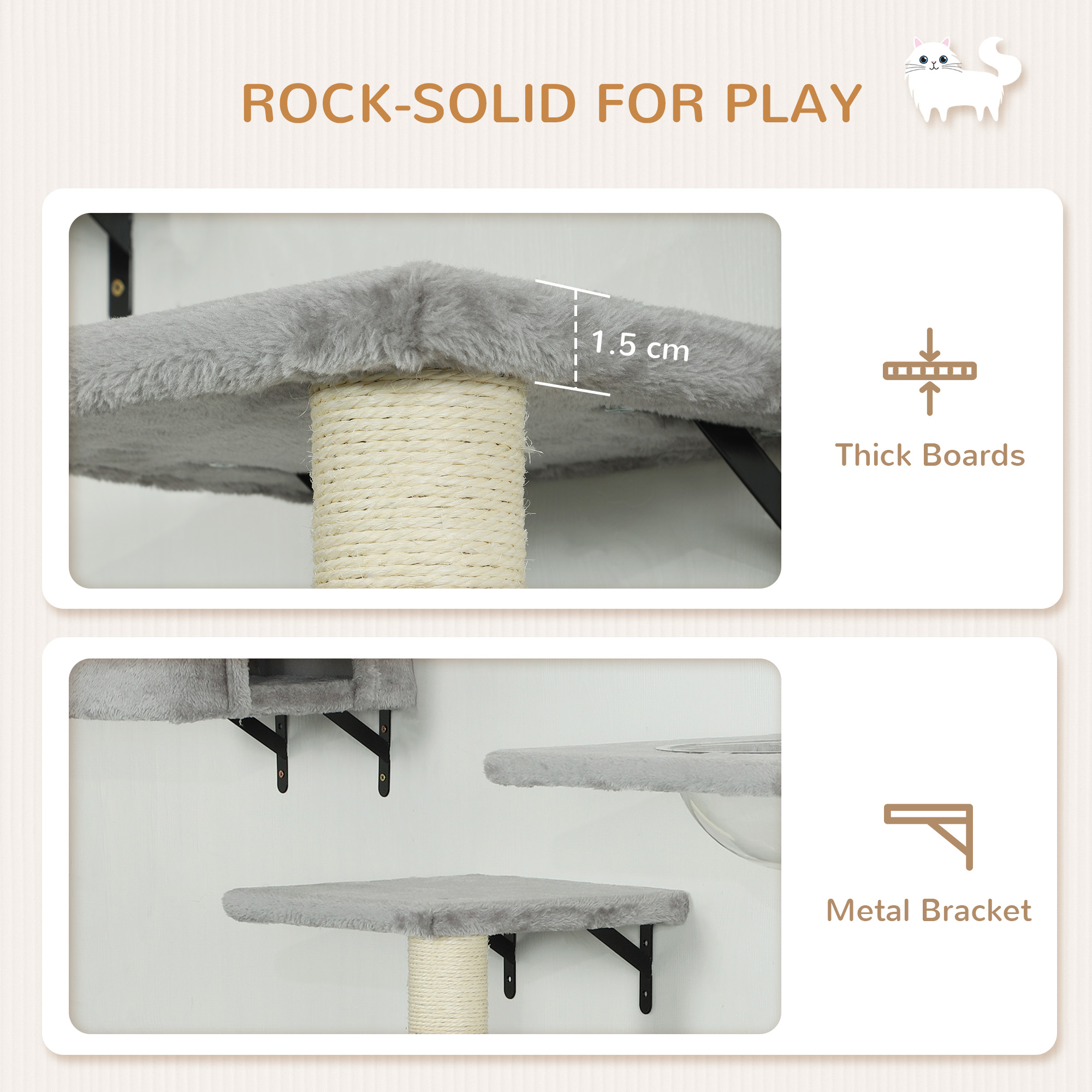 Cat Wall Shelves Set of 7, Shelves and Perches with House, Sisal Post Ladder, Bed & Ball, Grey