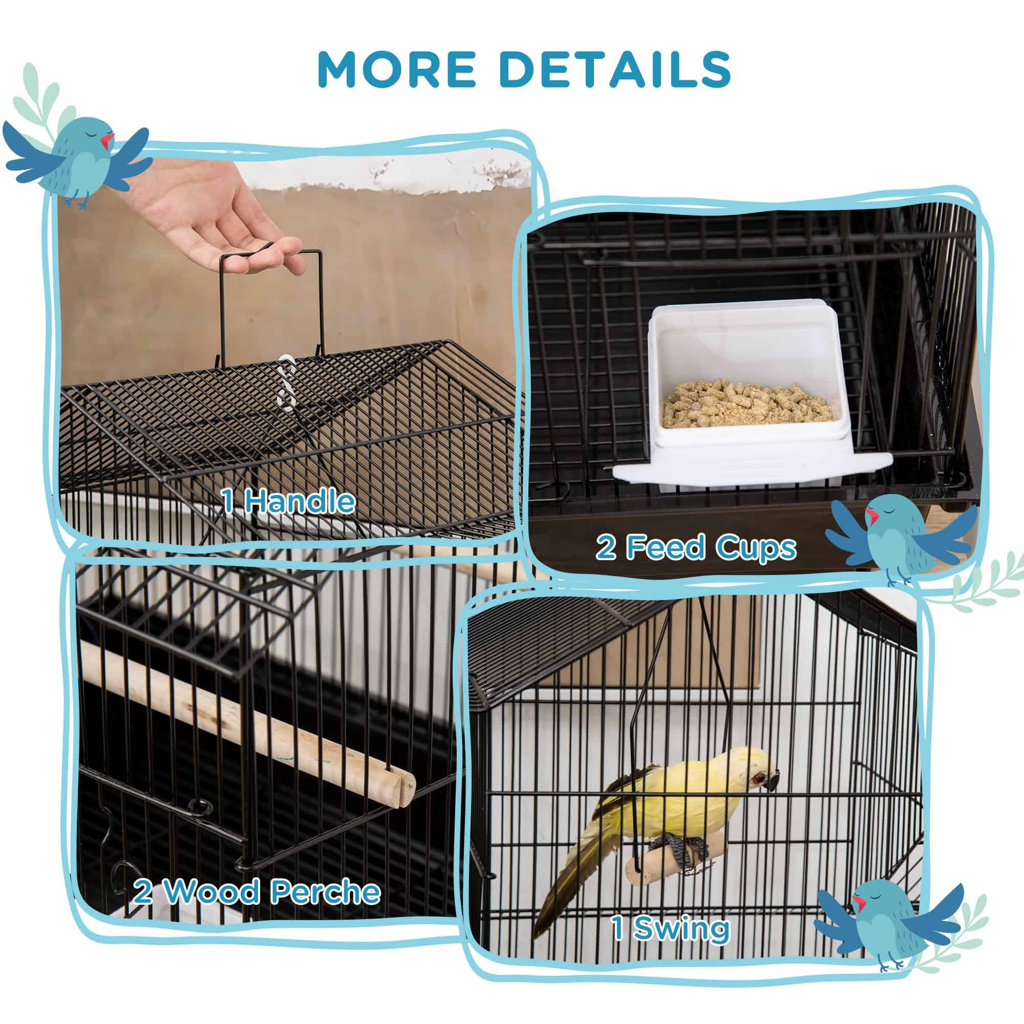 25" Bird Cage with Perch, Swing, Food Container, Slide-out Tray, Handle, Parrot Cage for Finches, Canaries, Budgies - Image 4
