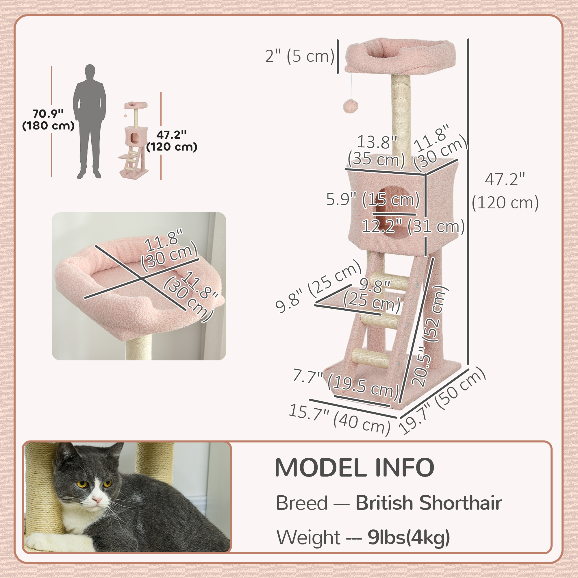 47" Tall Cat Tree Tower with Condo, Ladder, Scratching Posts and Hanging Ball, Pink