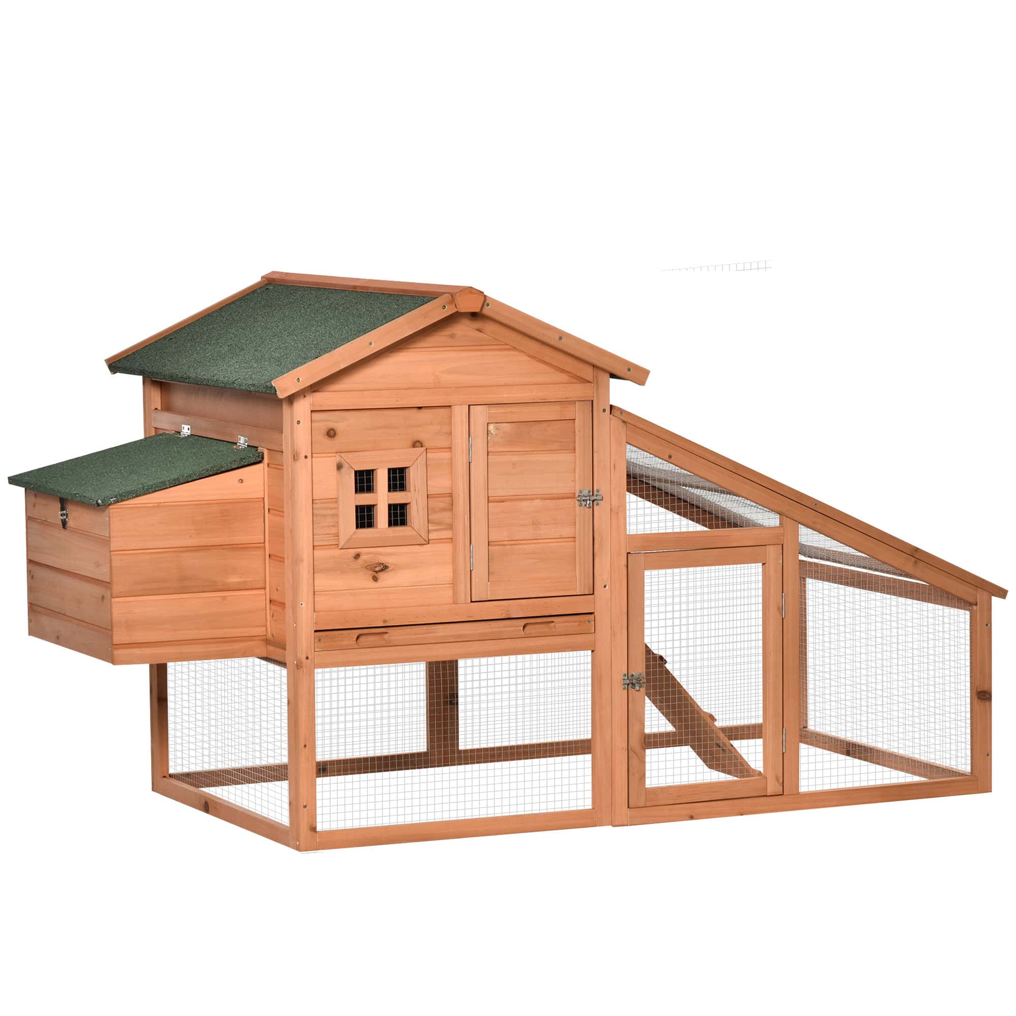 69" Chicken Coop Wooden Hen House Rabbit Hutch Poultry Cage Pen Outdoor Backyard with Outdoor Run Resting Nesting Box Removable Tray Waterproof Asphalt Roof Lockable Door Yellow and Green