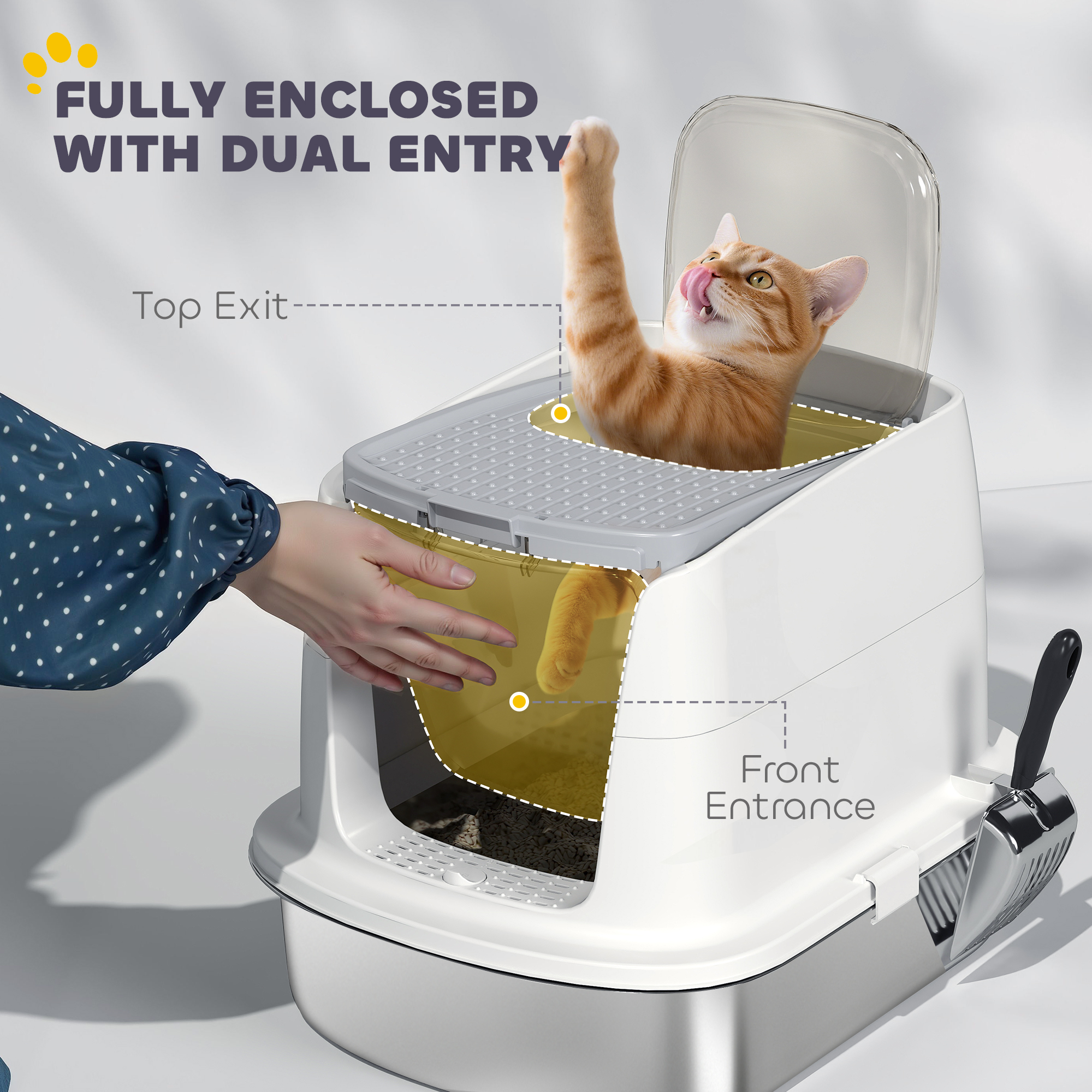 Large Stainless Steel Litter Box, Enclosed Metal Cat Litter Tray with Scoop, Deodoriser Bag, Front-Entry and Top-Exit