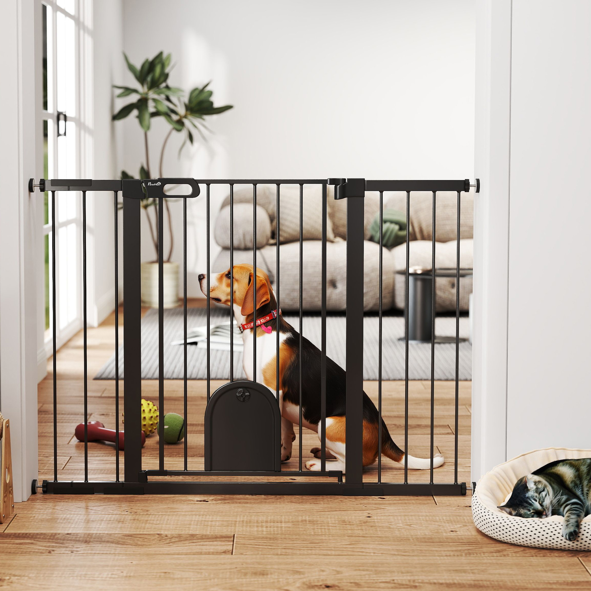 30"-52" Extra Wide Pet Gate Barrier with Small Door, 35"H Dog Gate with Safety Gate Barrier, Stair Pressure Fit, Black