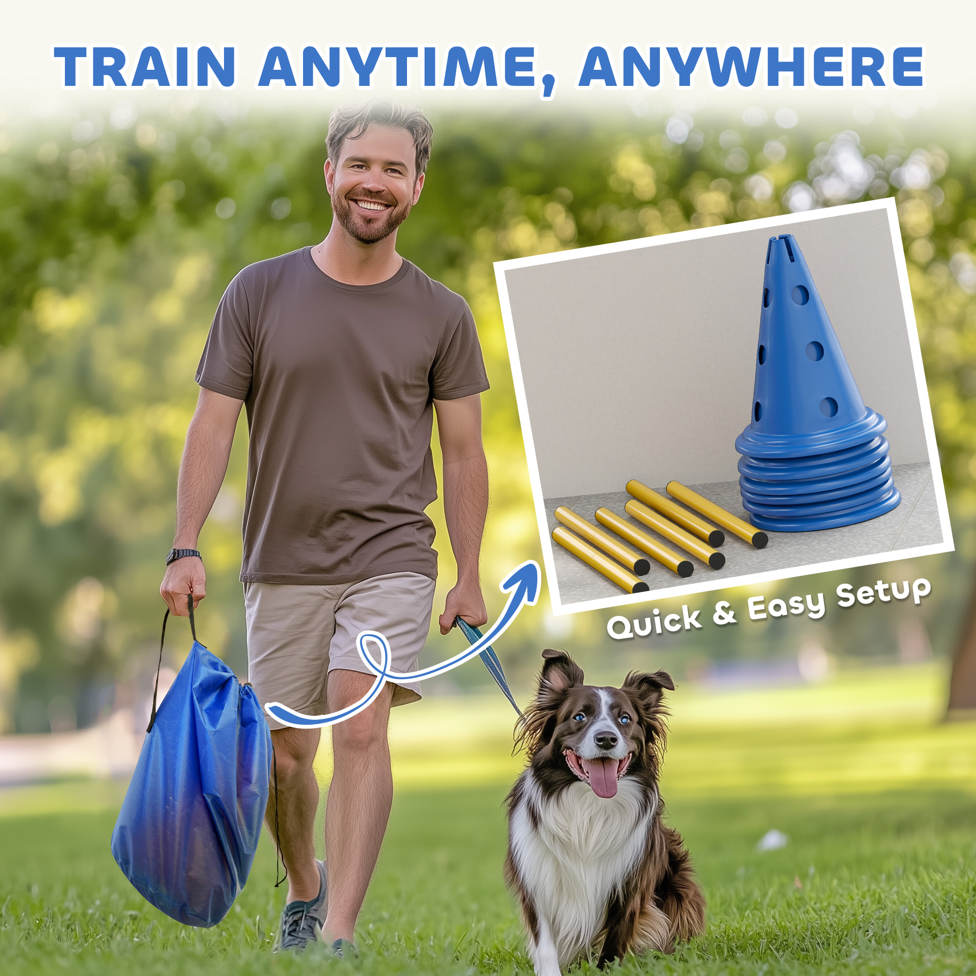 Dog Agility Hurdle Cone Set, Adjustable Obstacle Course Equipment with 6 Cones & 6 Poles, Carry Bag, Blue
