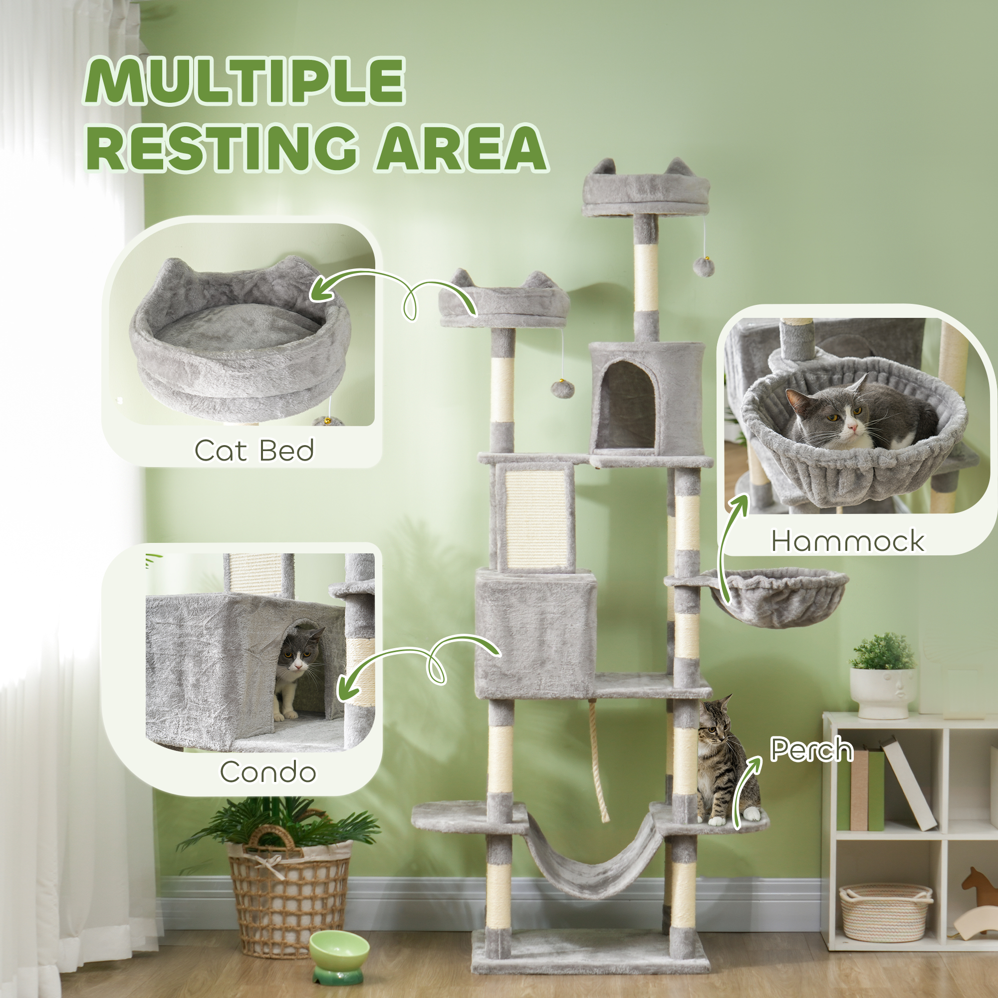 81" Large Cat Tree w/ Scratching Posts, Condos, Beds, Hammocks, Jumping Platforms, Toy Balls, Rope Cat Toy, Light Grey