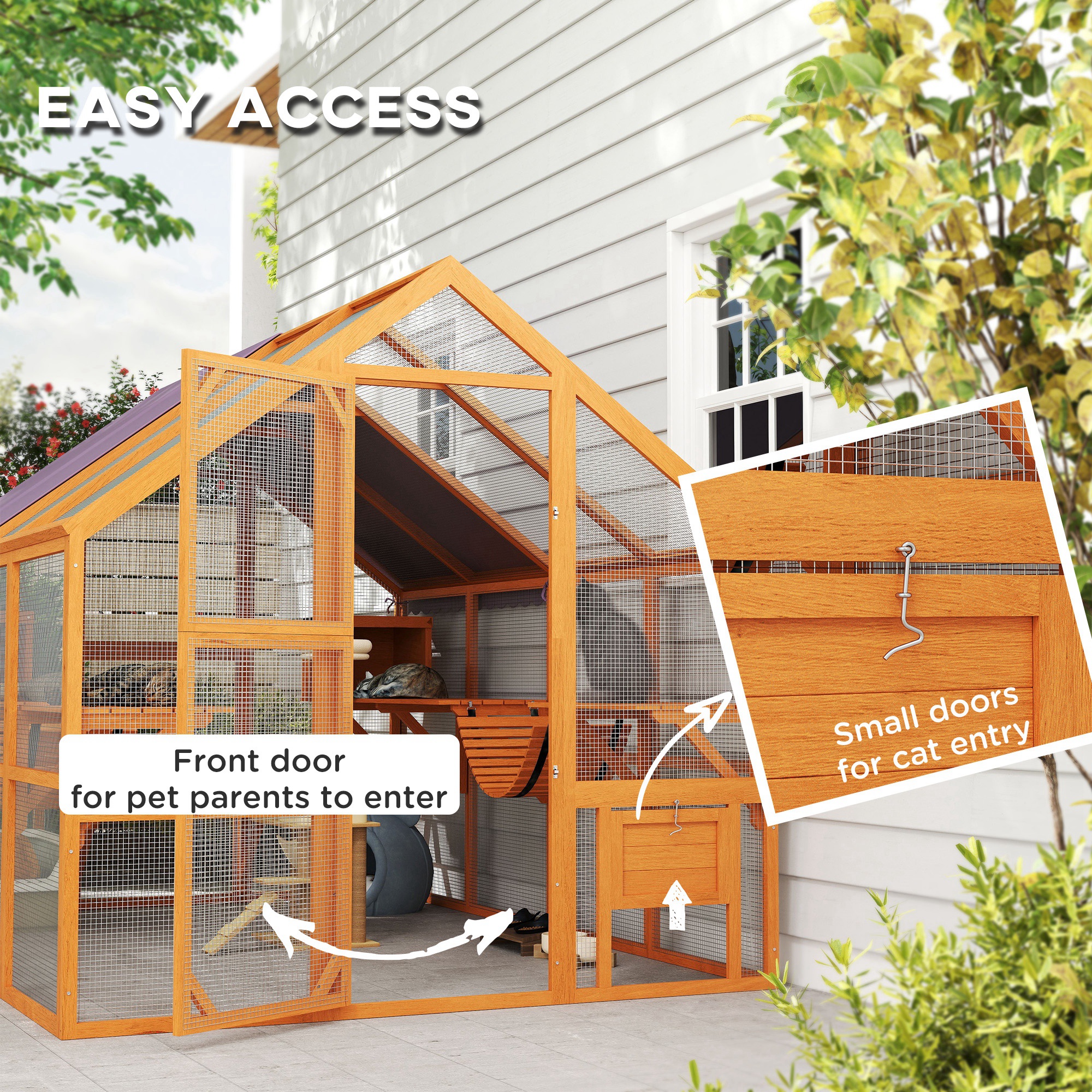 Outdoor Cat Enclosure Wooden Feral Cat House w/ Weatherproof Canopy, Bridges, Resting Boxes, Platforms, for 3-6 Cats