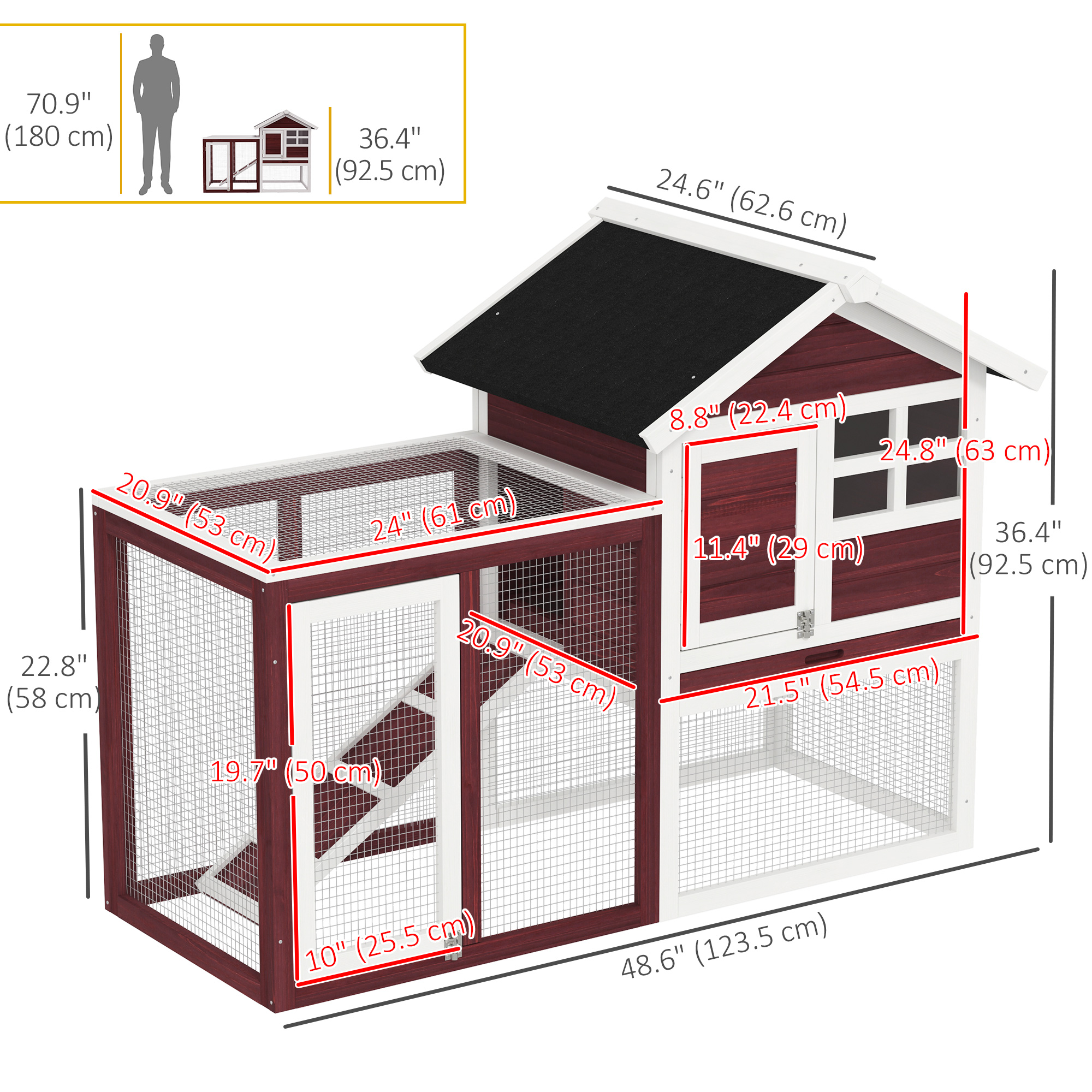 48" Weatherproof Wooden Rabbit Hutch Bunny Cage Small Animal House with Slant Roof And Screened Outdoor Run, Brown