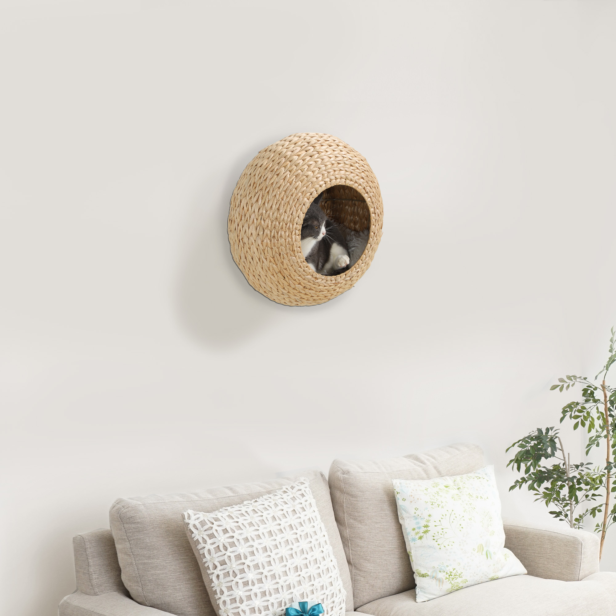 Cat Wall Shelf with Washable Cushion, Wall Mounted Cat Condo Furniture for Indoor Kittens, Beige