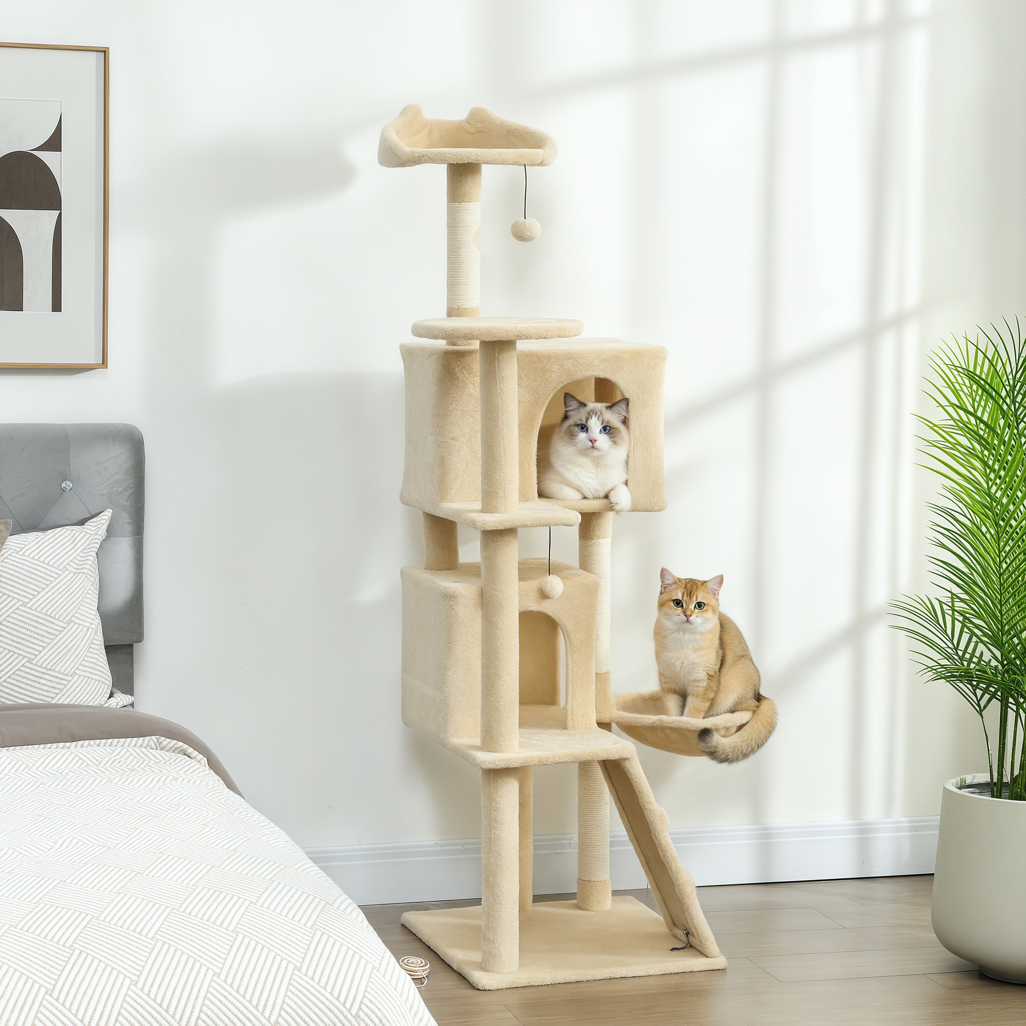 63 Inch Cat Tree with Sisal Scratching Posts, Condos, Plush Perches, Hammock, Ladder, Dangling Balls, Beige