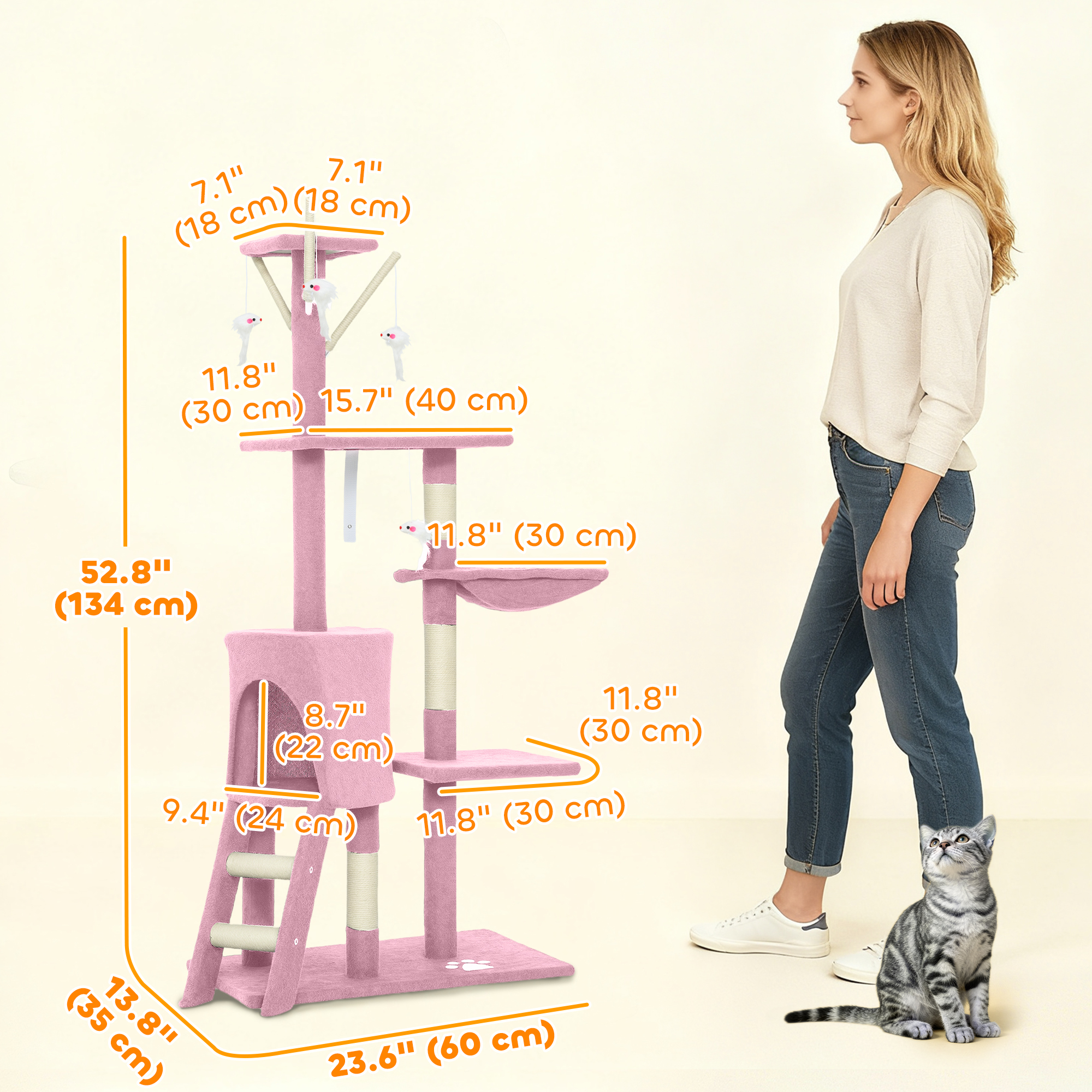 53" Cat Tree Tower, Kitten Activity Centre with Scratching Posts, Condo, Perches, Ladder, Hammock, Dangling Toys, Pink