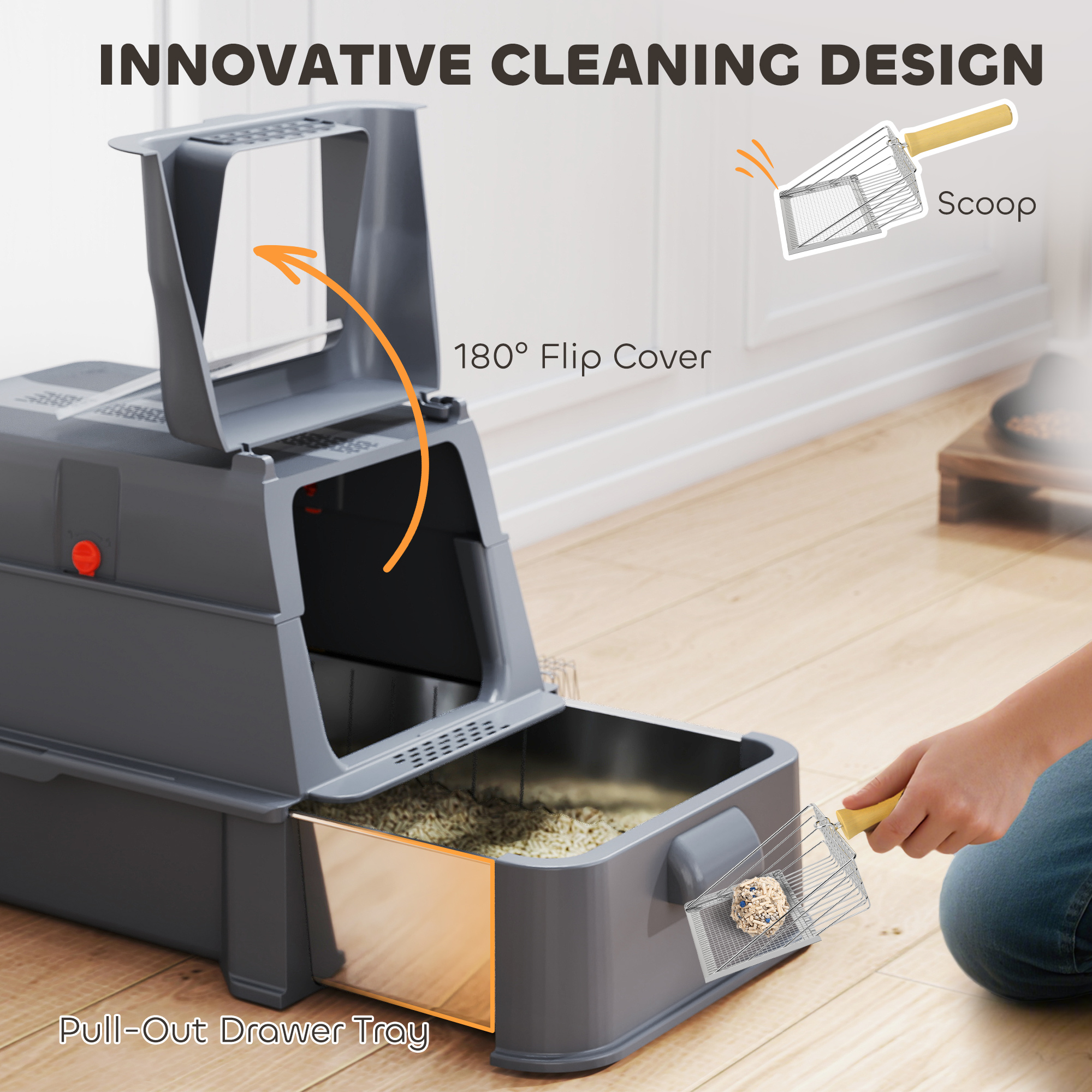 80L XL Stainless Steel Cat Litter Box for Big Cats with Flip Cover, Pull-Out Drawer Tray, High Sided, Pedal, Dark Grey