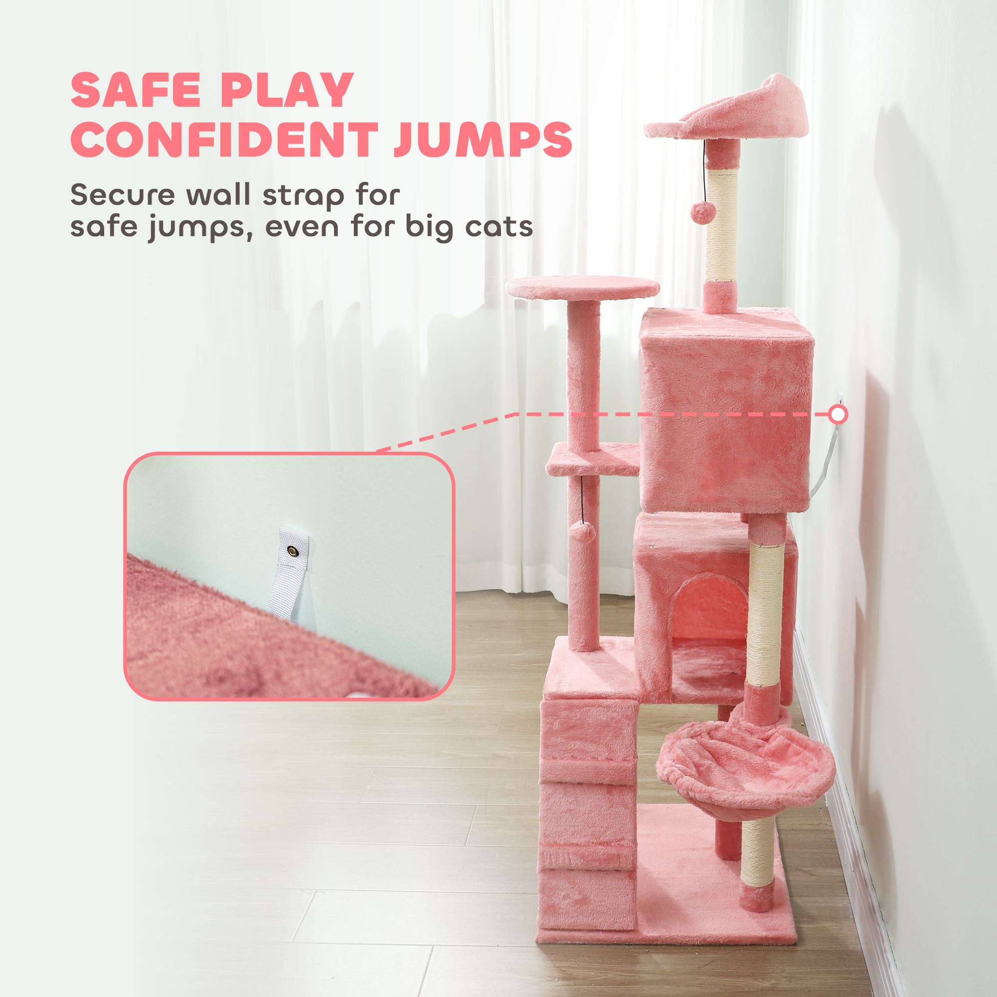 63 Inch Cat Tree with Sisal Scratching Posts, Condos, Plush Perches, Hammock, Ladder, Dangling Balls, Pink