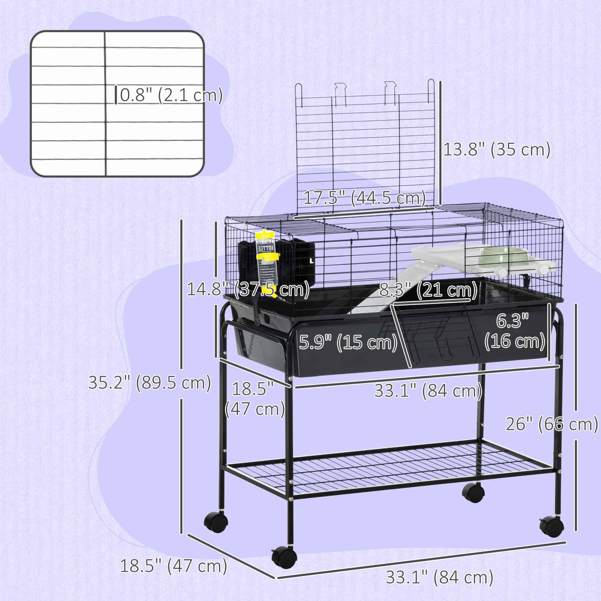 35" Small Animal Cage Rolling Guinea Pig Cage with Detachable Stand, Water Dispenser, Food Dish, Ramp, Wheels, Dark Grey