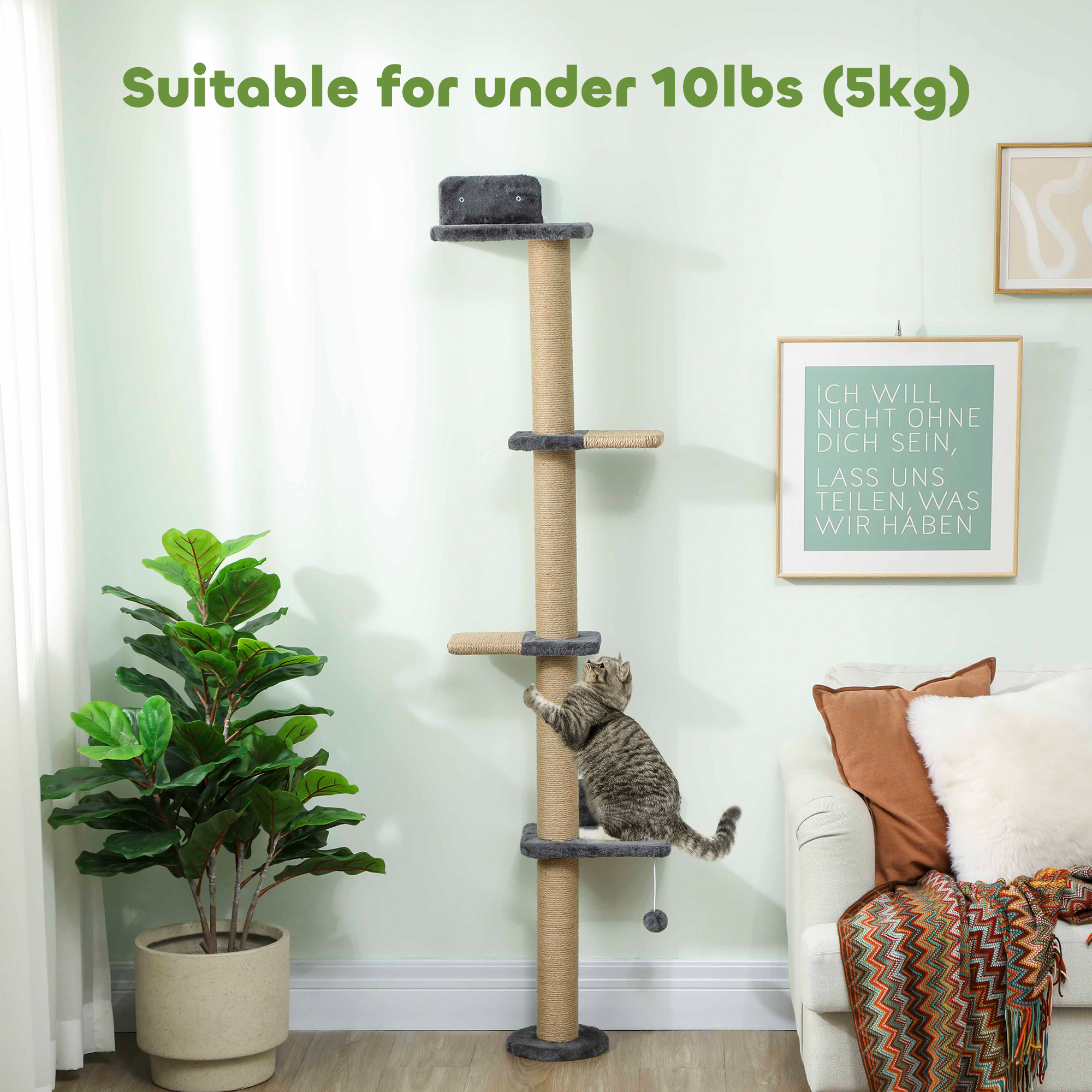 Cat Wall Shelves, Cat Wall Furniture with 4 Platforms, Jute Scratching Post for Indoor Playing, Climbing, Dark Grey - Image 7