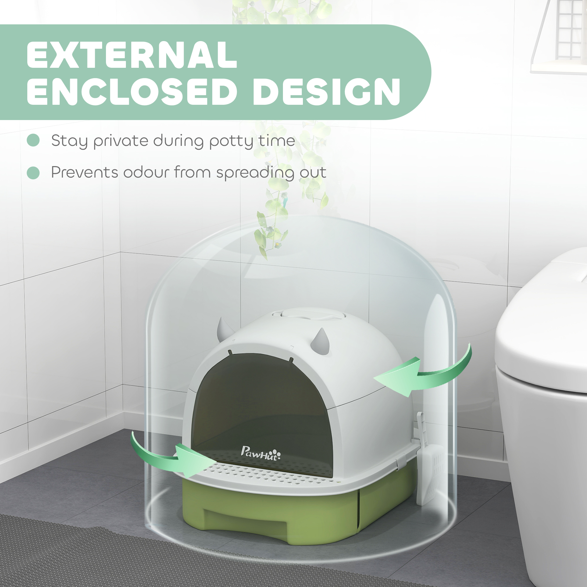 Cat Litter Box with Lid, Front Door Flap, Scoop, Handle, Easy Clean, for Small and Medium Cats, Green - Image 4