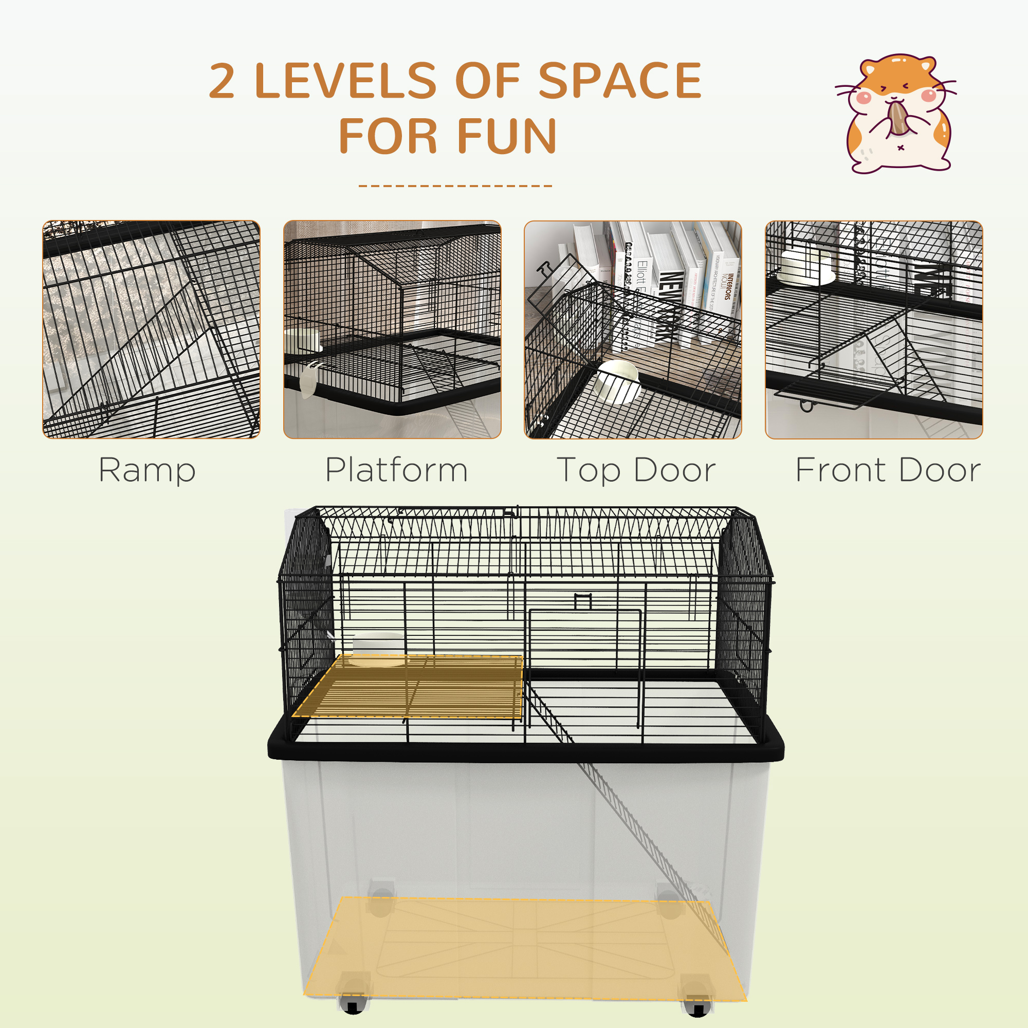 Hamster House Gerbil Habitat for Dwarf Hamster with Wheels, Detachable Bottom - Black