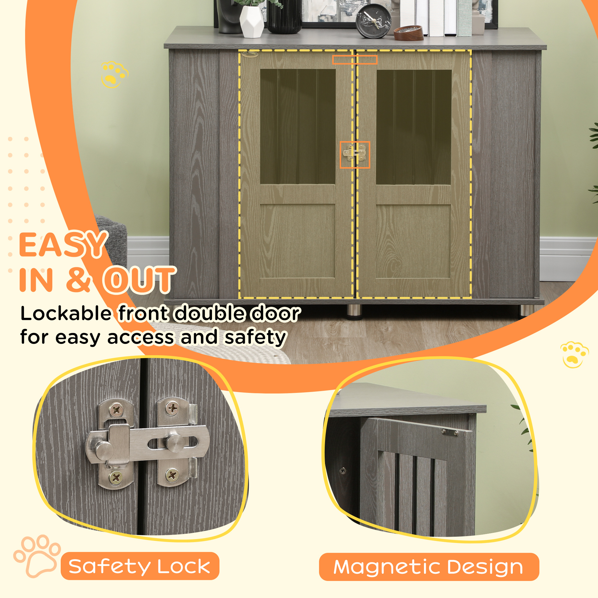 Dog Crate Furniture with Lockable Magnetic Door, Adjustable feet for Extra Large, Medium & Small Dogs, Indoor Use, Grey - Image 6