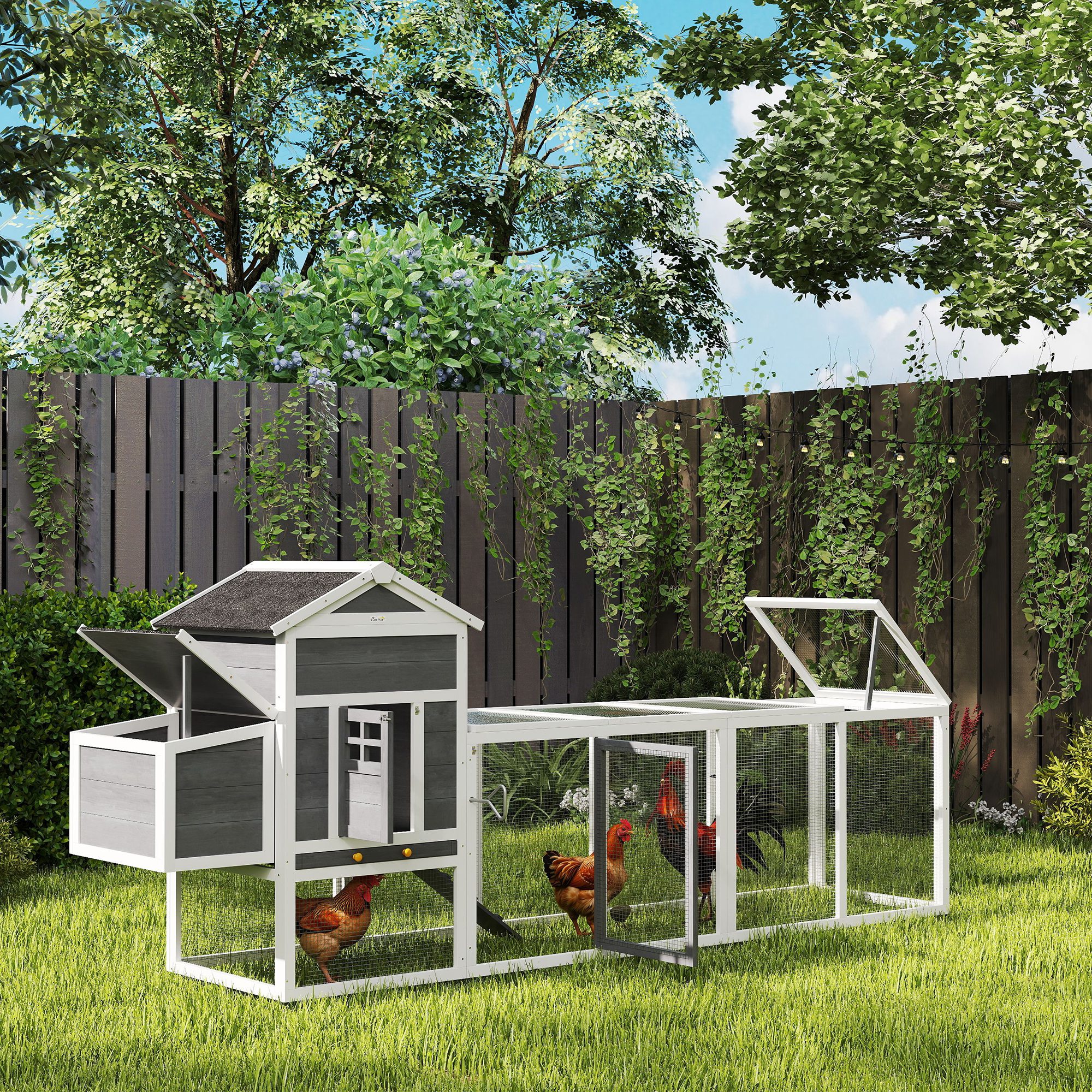 117" Extra Large Chicken Coop with Asphalt Roof, Wooden Hen House with Slide-out Tray, Quail Hutch with Nesting Box, Grey