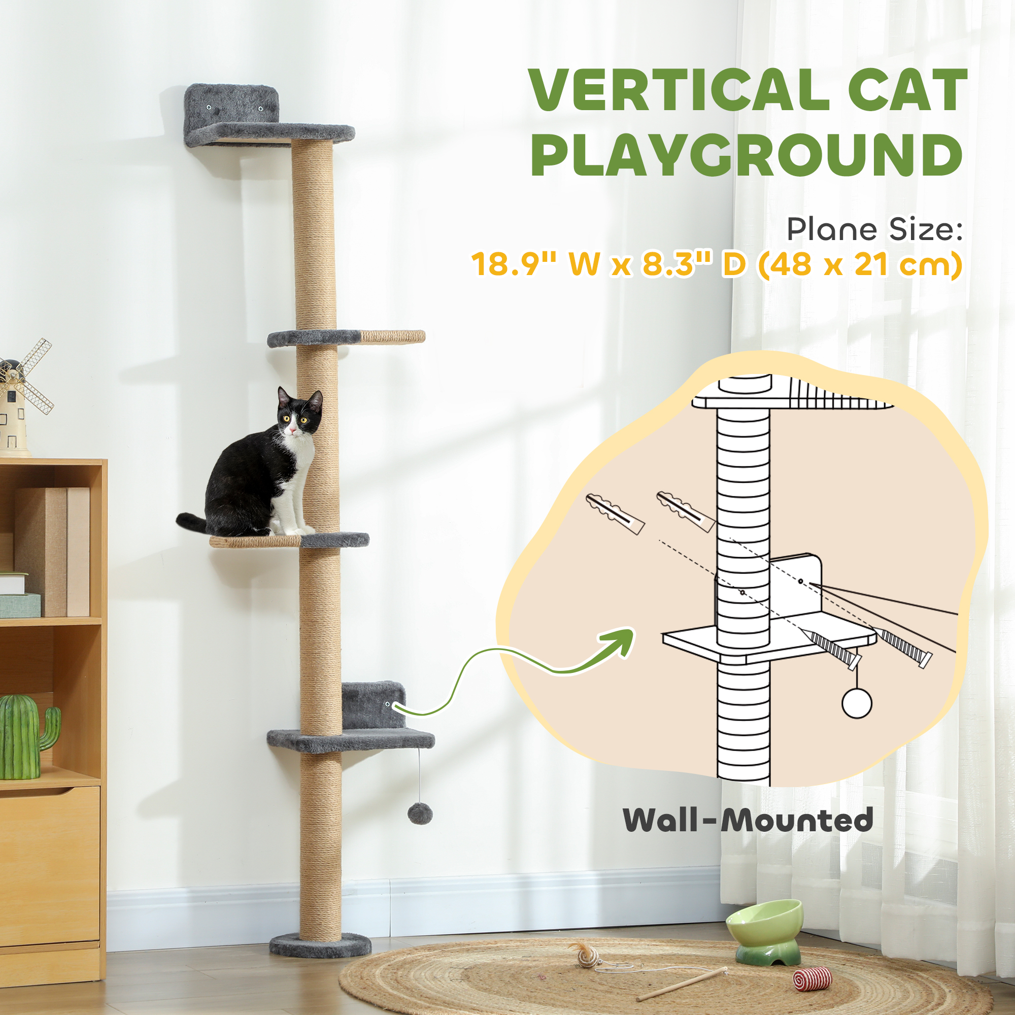 Cat Wall Shelves, Cat Wall Furniture with 4 Platforms, Jute Scratching Post for Indoor Playing, Climbing, Dark Grey - Image 5