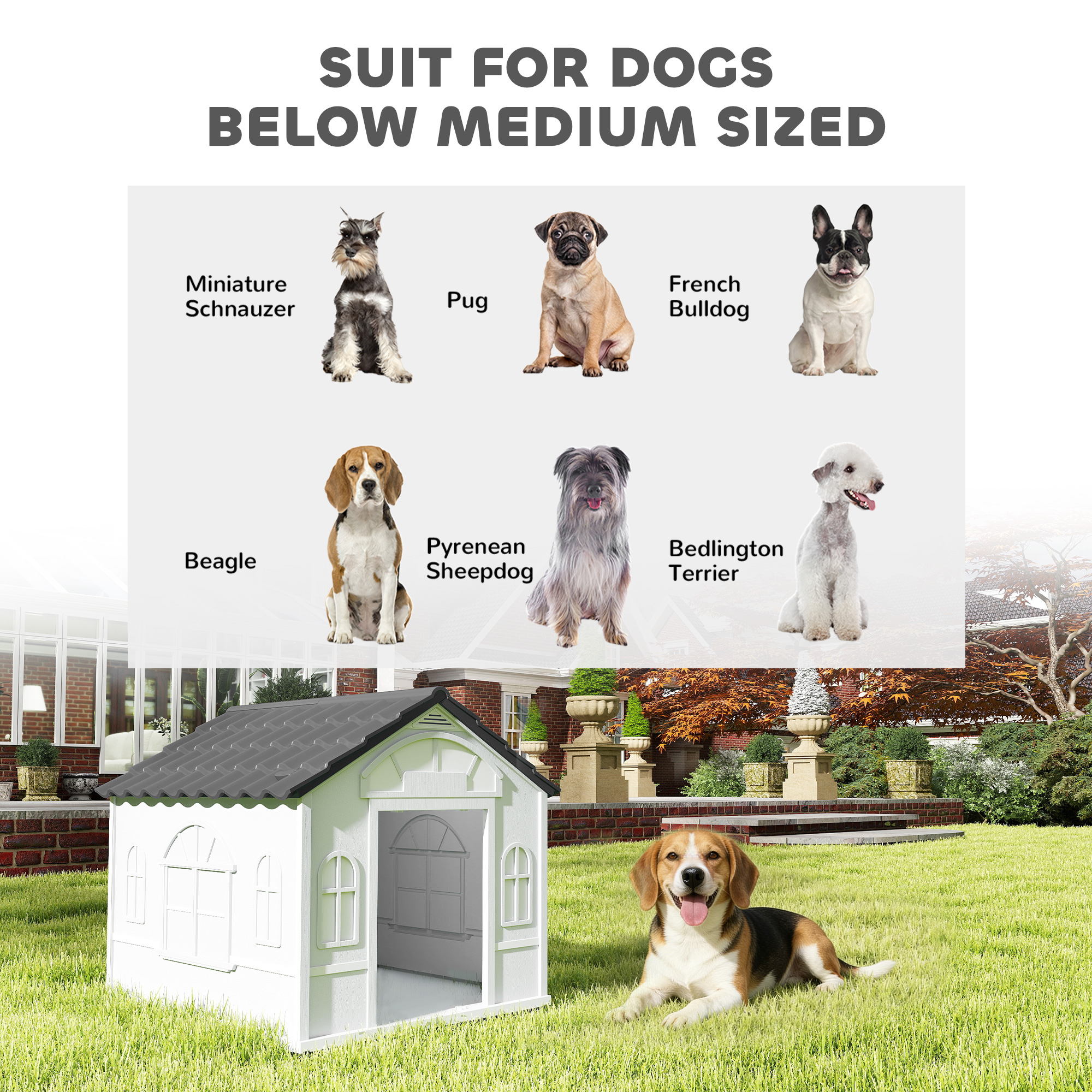 26" Plastic Dog House Outdoor with Air Vents, for Small Medium Dogs, Grey