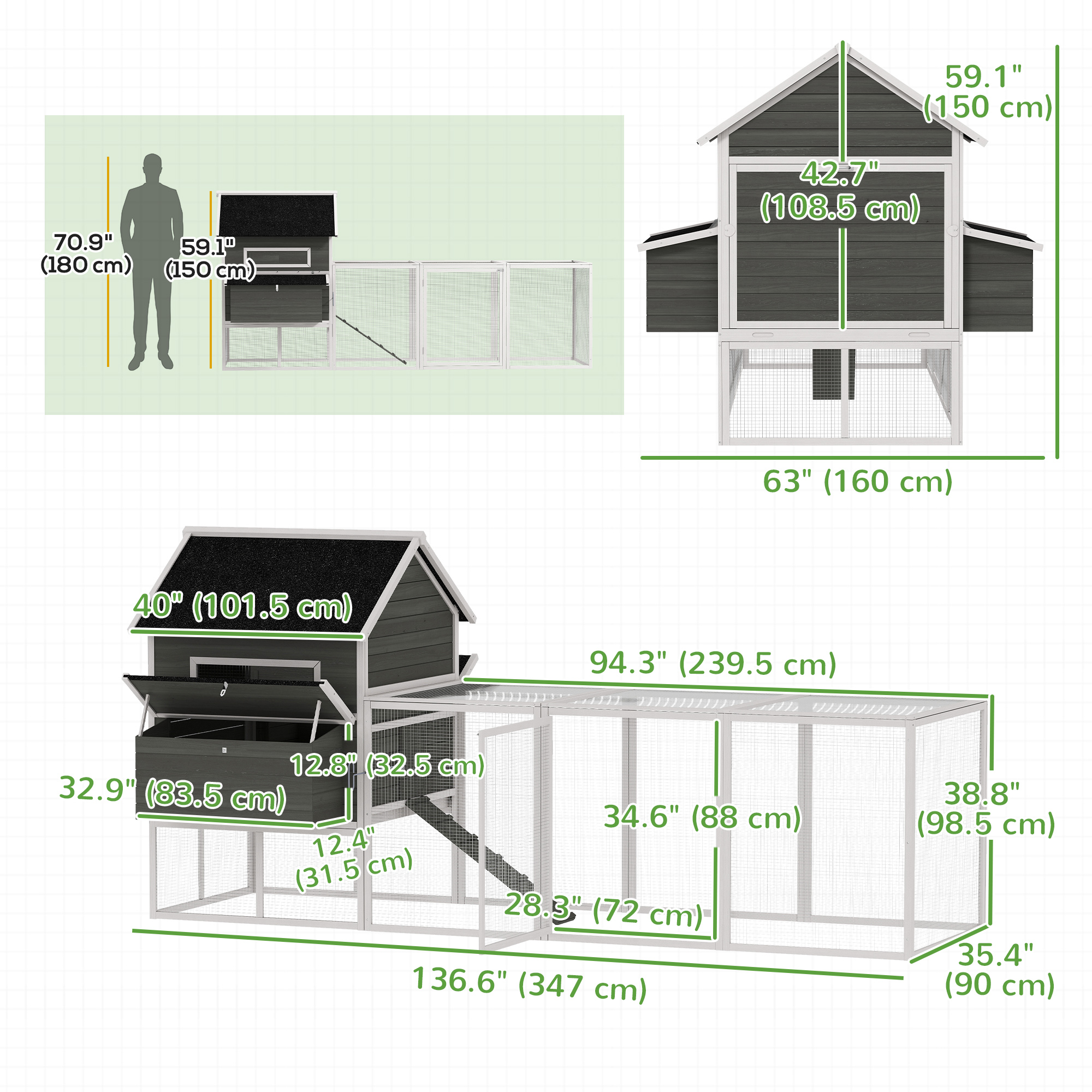 137" Wooden Chicken Coop with Chicken Run, Nesting Box, Dark Grey
