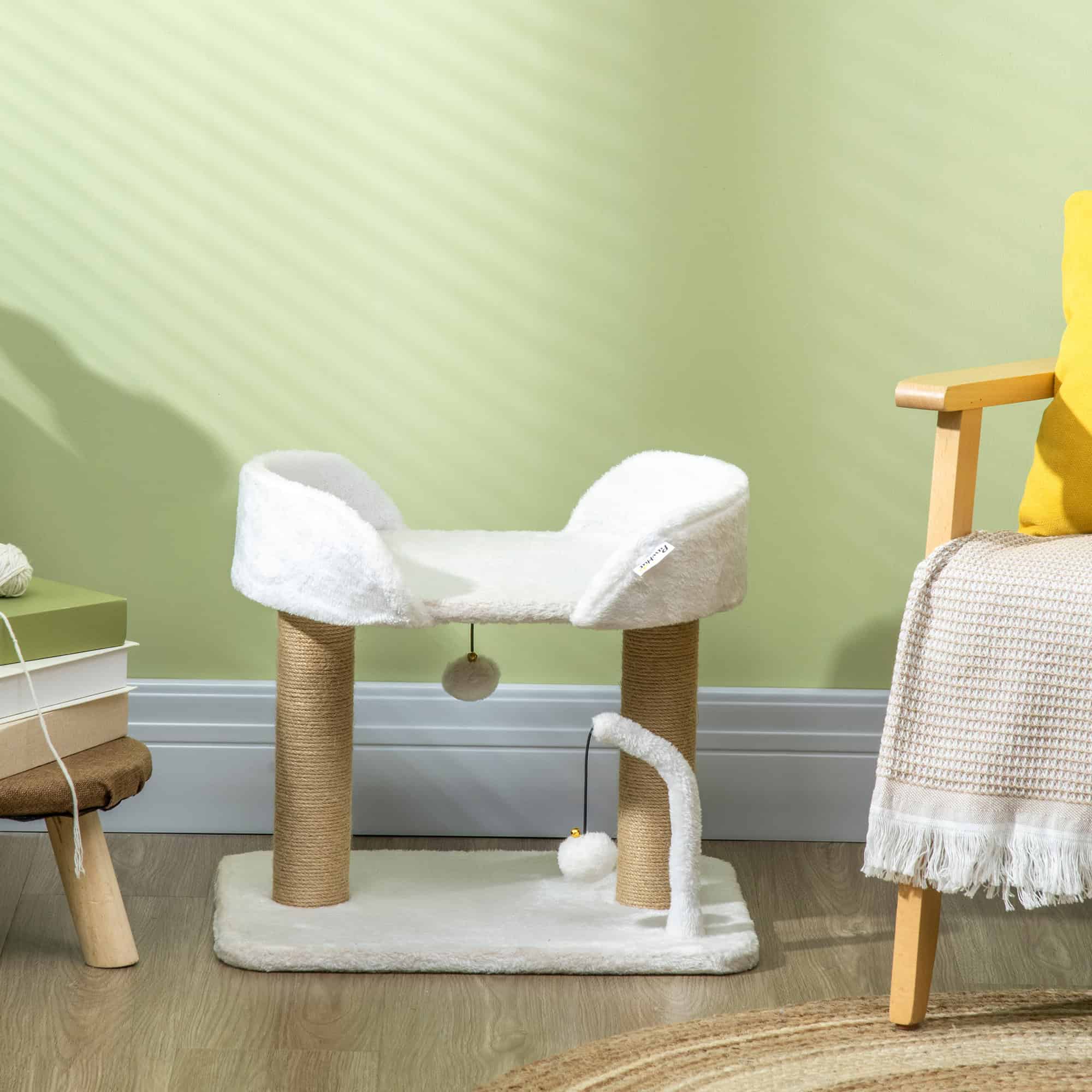 Cat Tower Condo for Indoor Cats, Small Cat Tree with Jute Scratching Posts, Top Perch, Dangling Balls, White