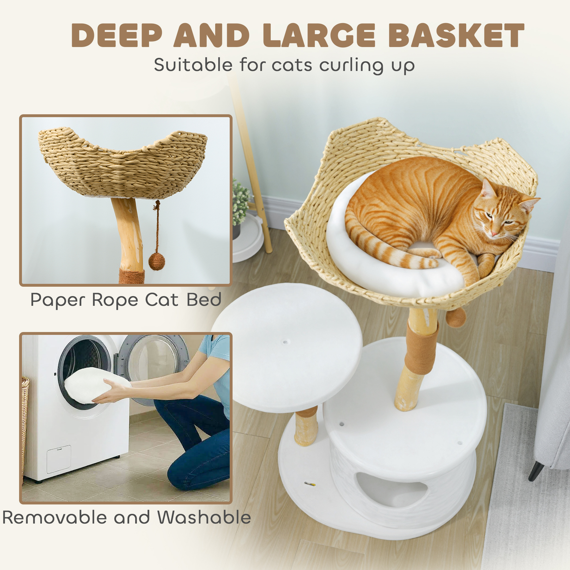 40" Real Wood Cat Tree, Cat Tower for Indoor Large Adult Cats with Scratching Posts, Condo, Perch, Washable Cushion