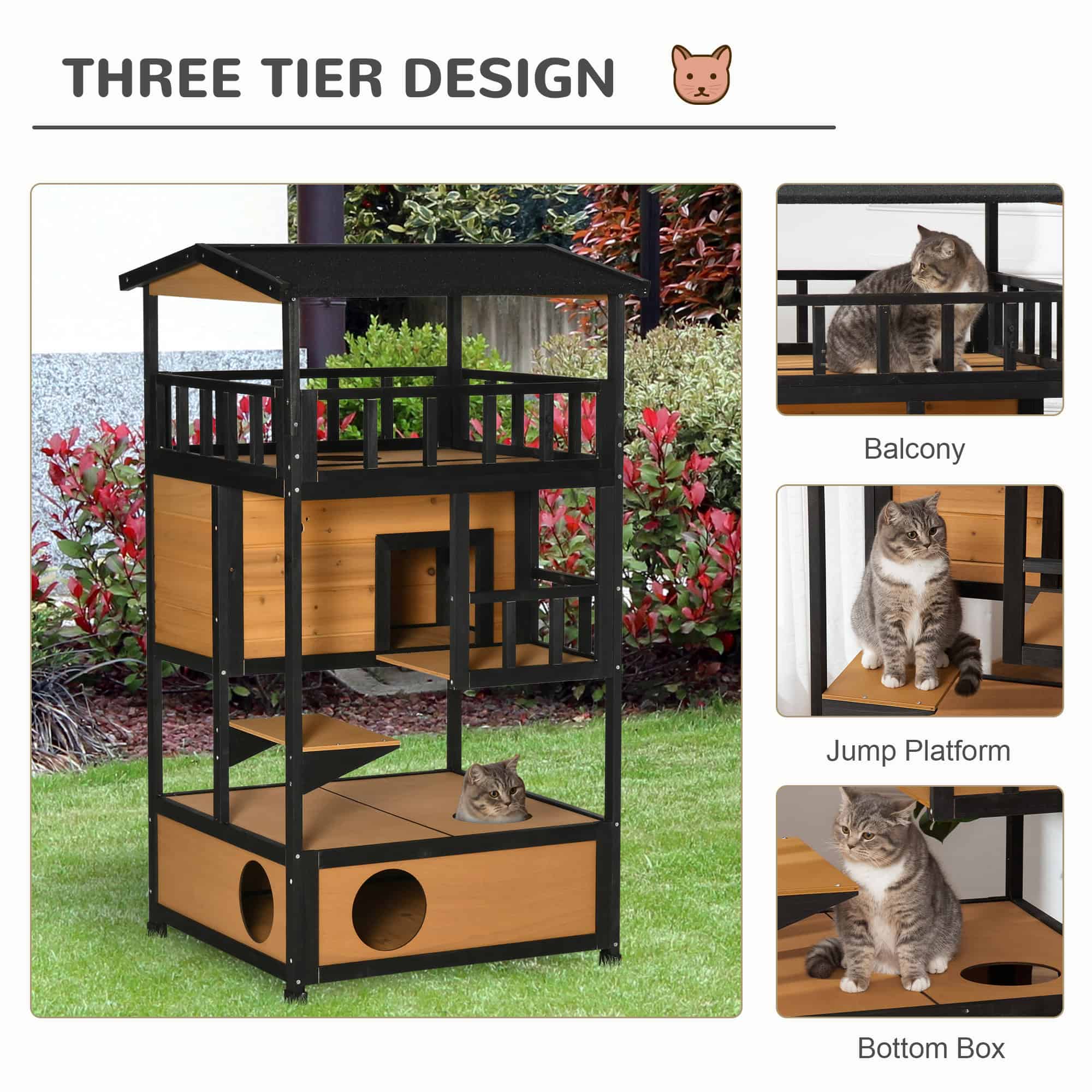 4-Floor Wood Outdoor Cat House Catio for Cats with Condo, Fun Entrances, Perch, Natural