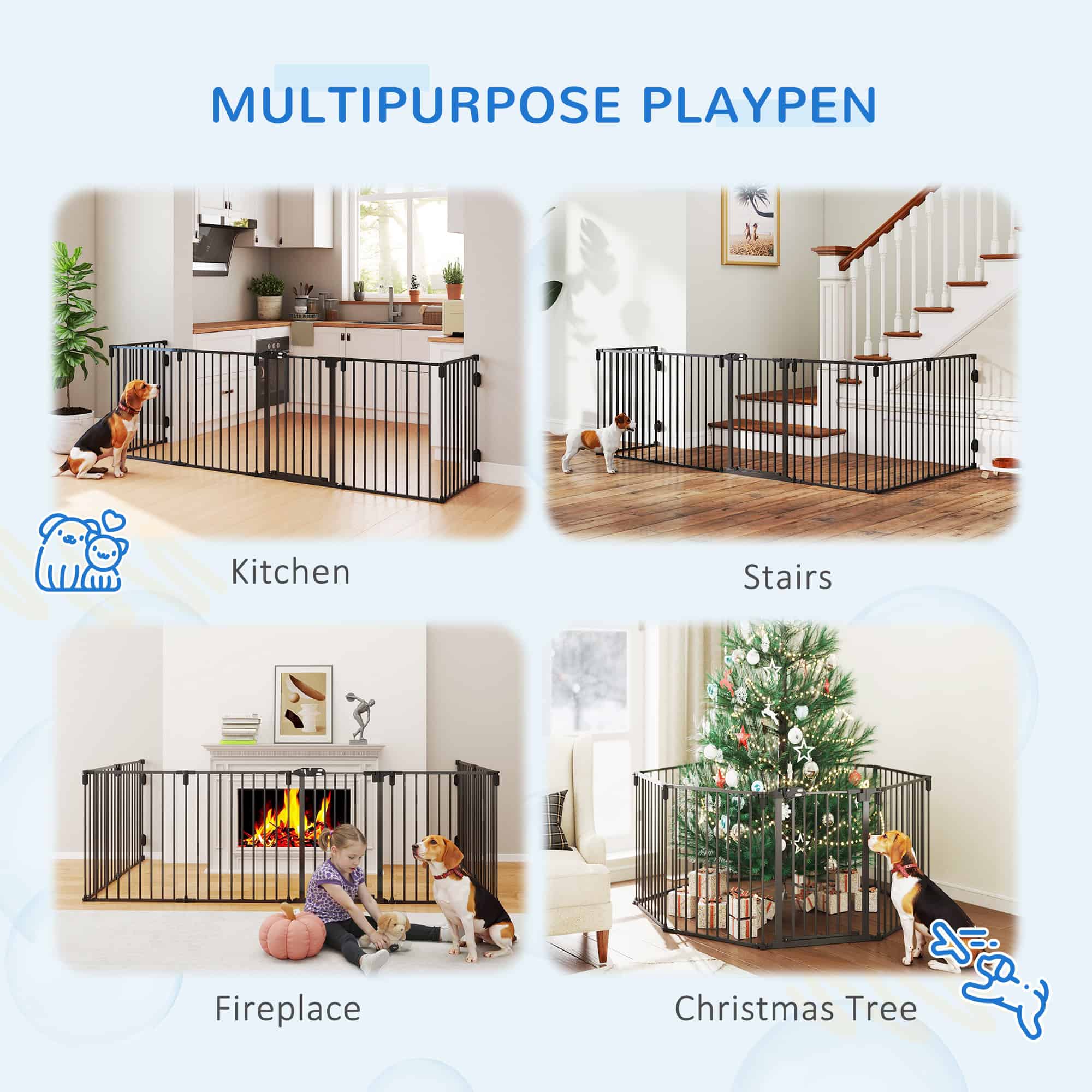 Dog Safety Gate 8-Panel Playpen Fireplace Christmas Tree Steel Fence Stair Barrier Room Divider Black