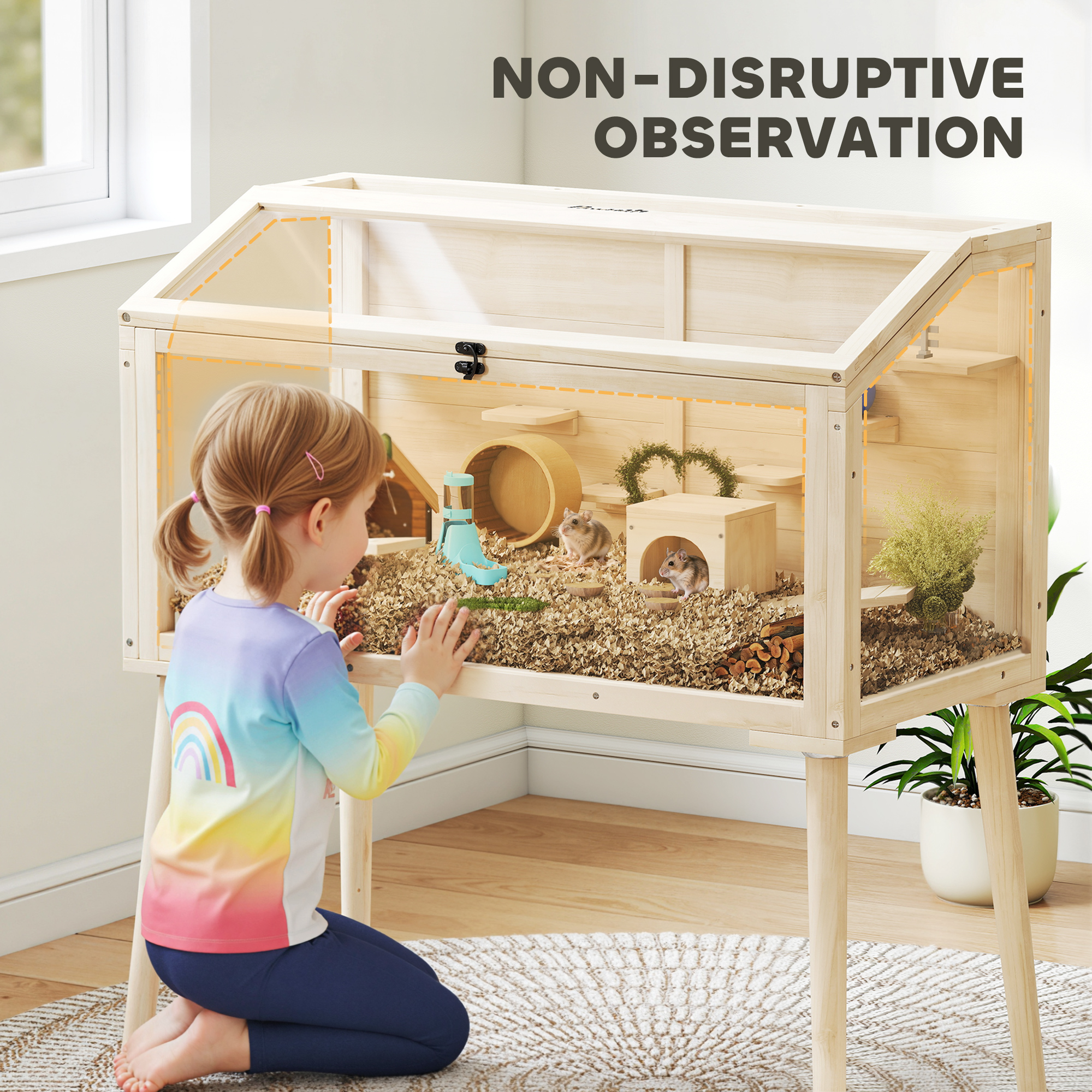Wooden Hamster Cage, Hamster Habitat with Openable Top, Seesaws, Platforms, Water Bottle for Gerbils, 43.3"x20.5"x39.8" - Image 7