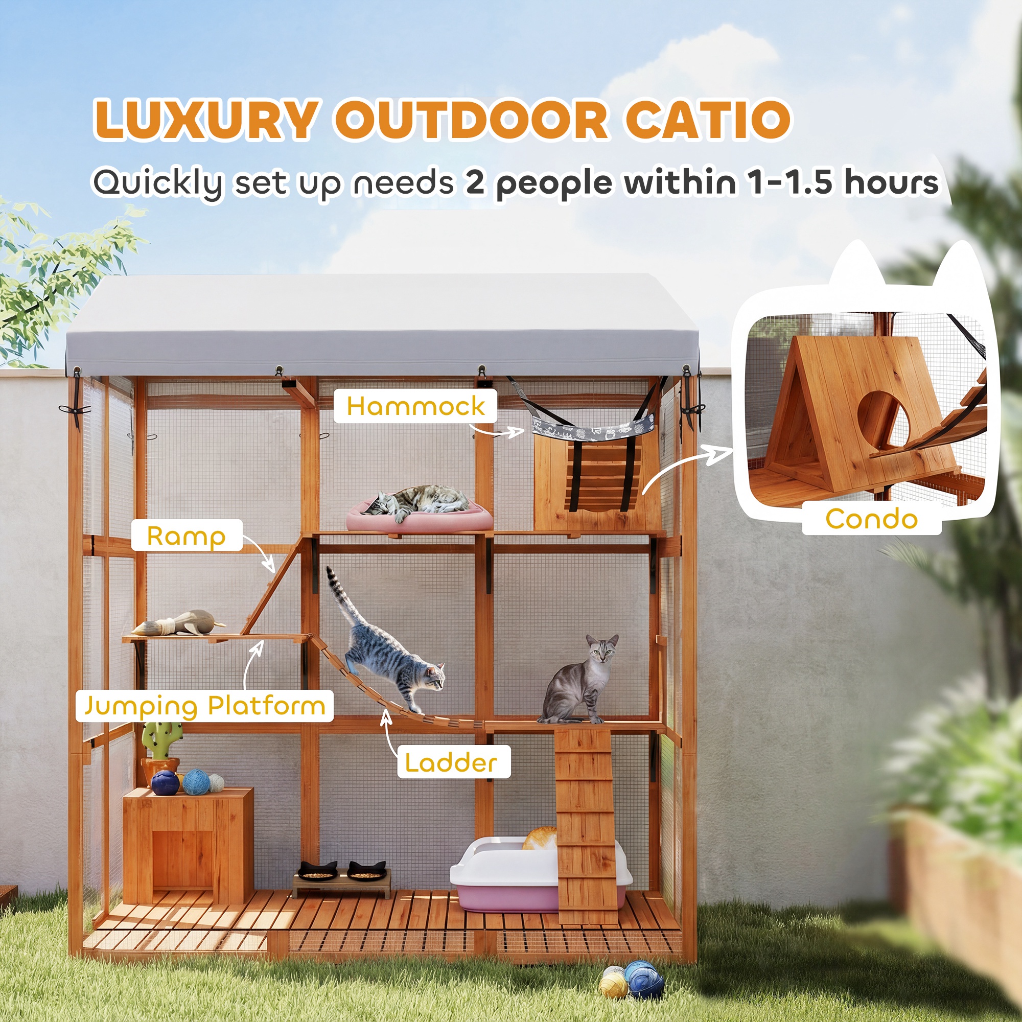 81"H Catio Outdoor with Floor to Prevent Escaping & Easy Cleaning, for 2-4 Cats Kittens, Orange