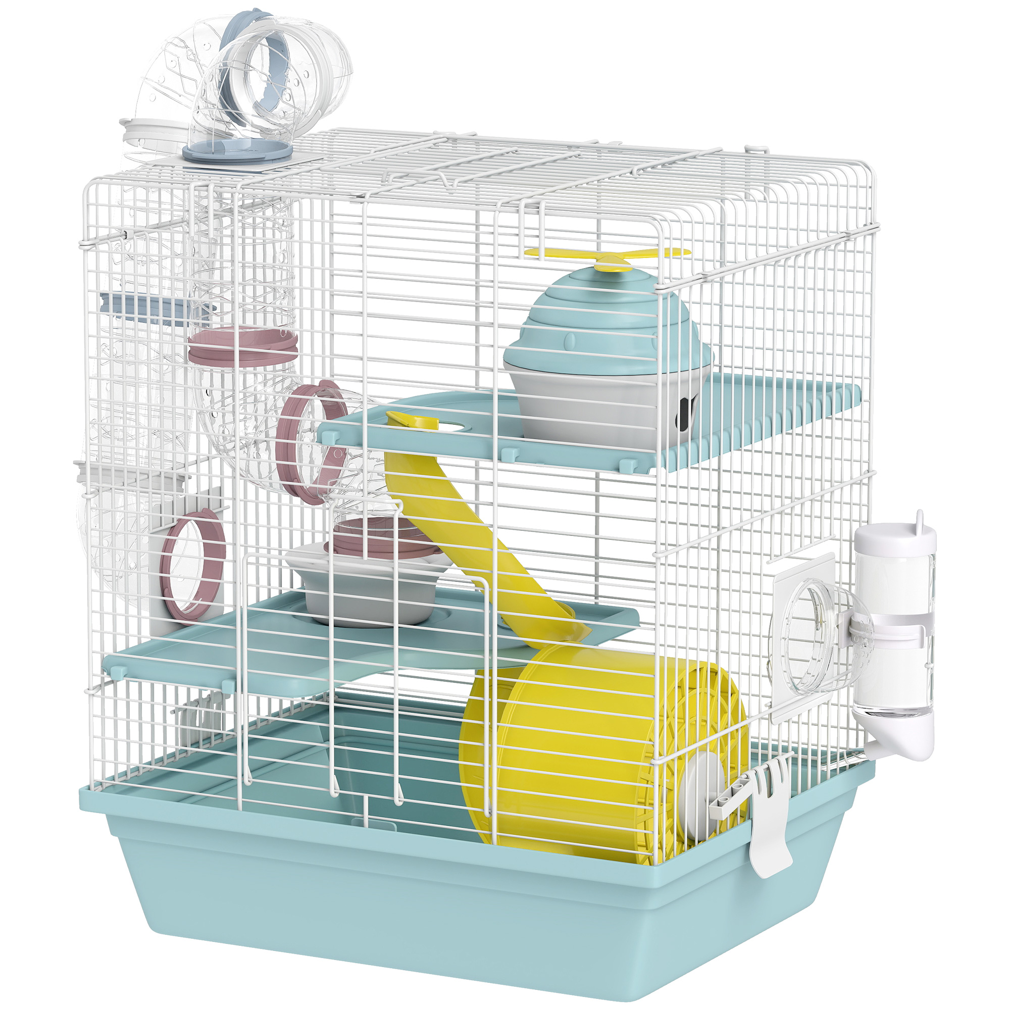 3-Level Hamster Cage with Exercise Wheel, Play Tube, Water Bottle, Food Dish, Hut, Ladder, Blue