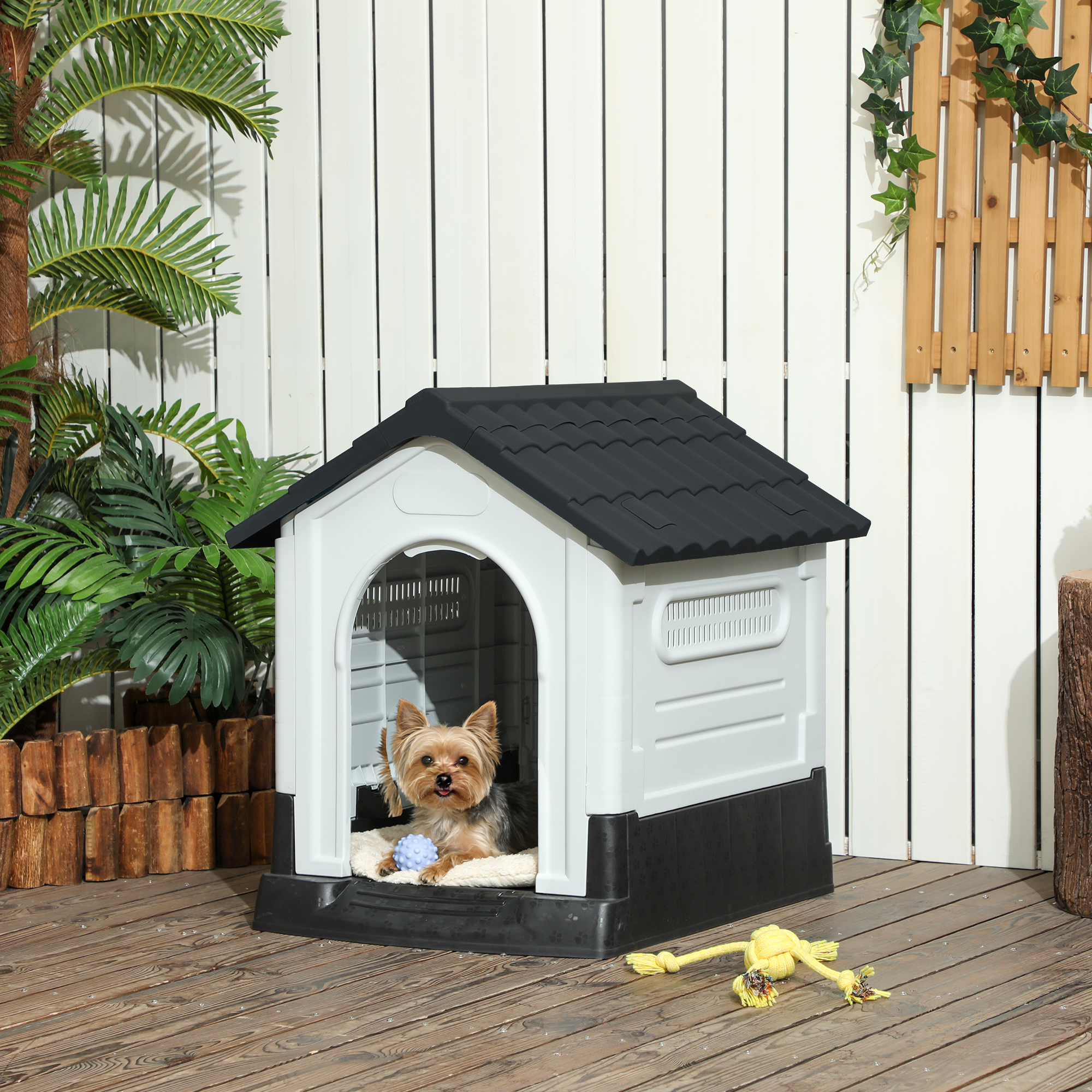 Outside Dog Kennel House with Windows, Base Support, for Garden Patio, Miniature Dogs, 64.5 x 57 x 66cm, Dark Grey