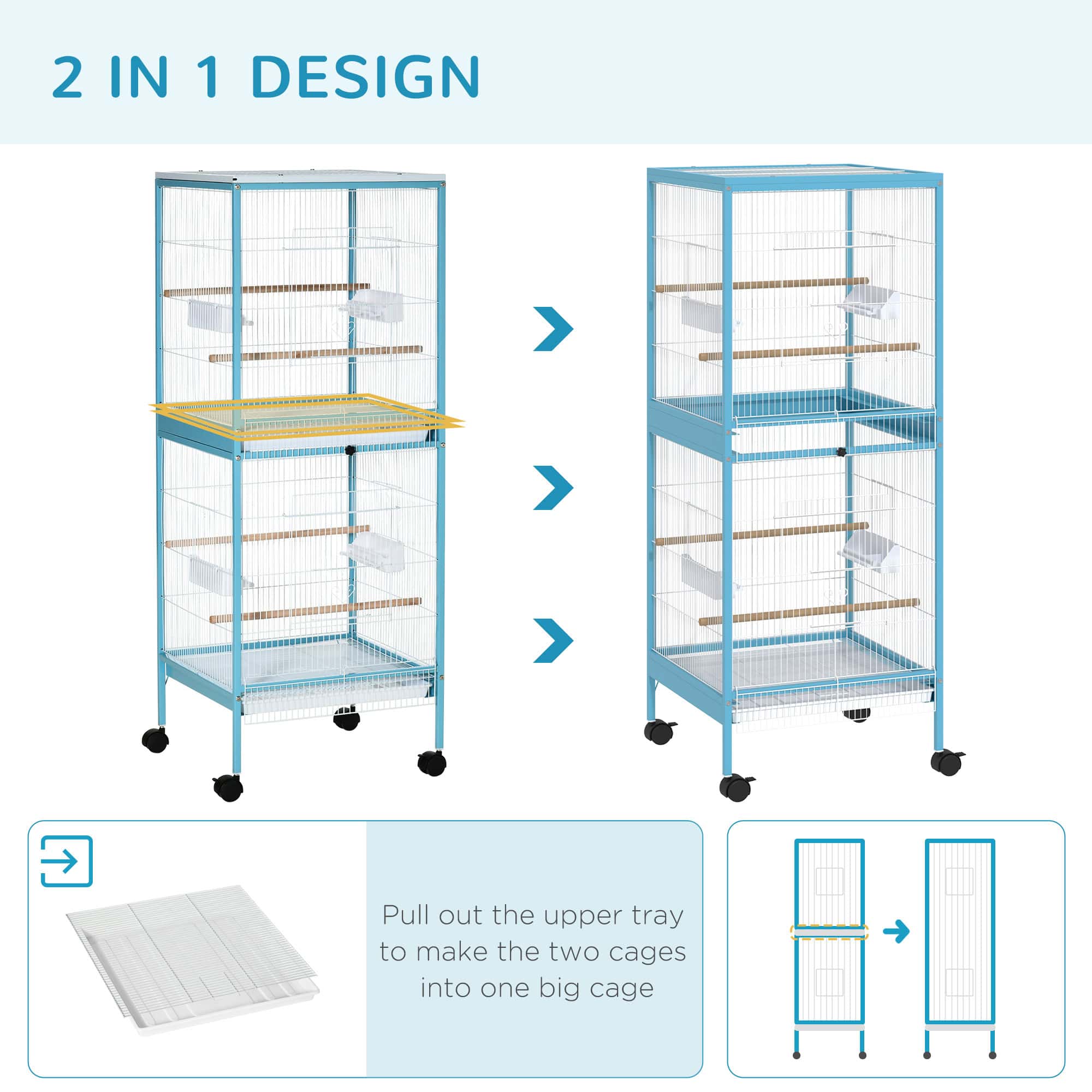 55.1" 2 In 1 Bird Cage Aviary Parakeet House for finches, budgies with Wheels, Slide-out Trays, Wood Perch, Food Containers, Light Blue