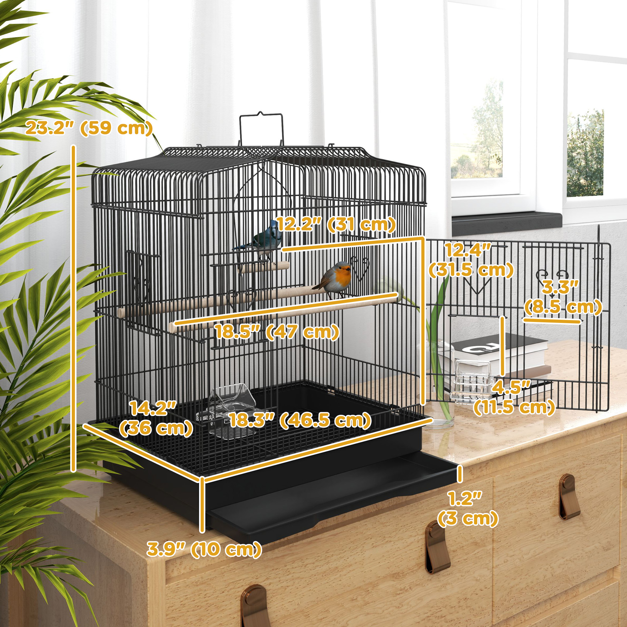 23" Bird Cage, Finches Canaries, Parrot Cage with Doors Perches, 2 Feeder Pet Supplies, Black - Image 3