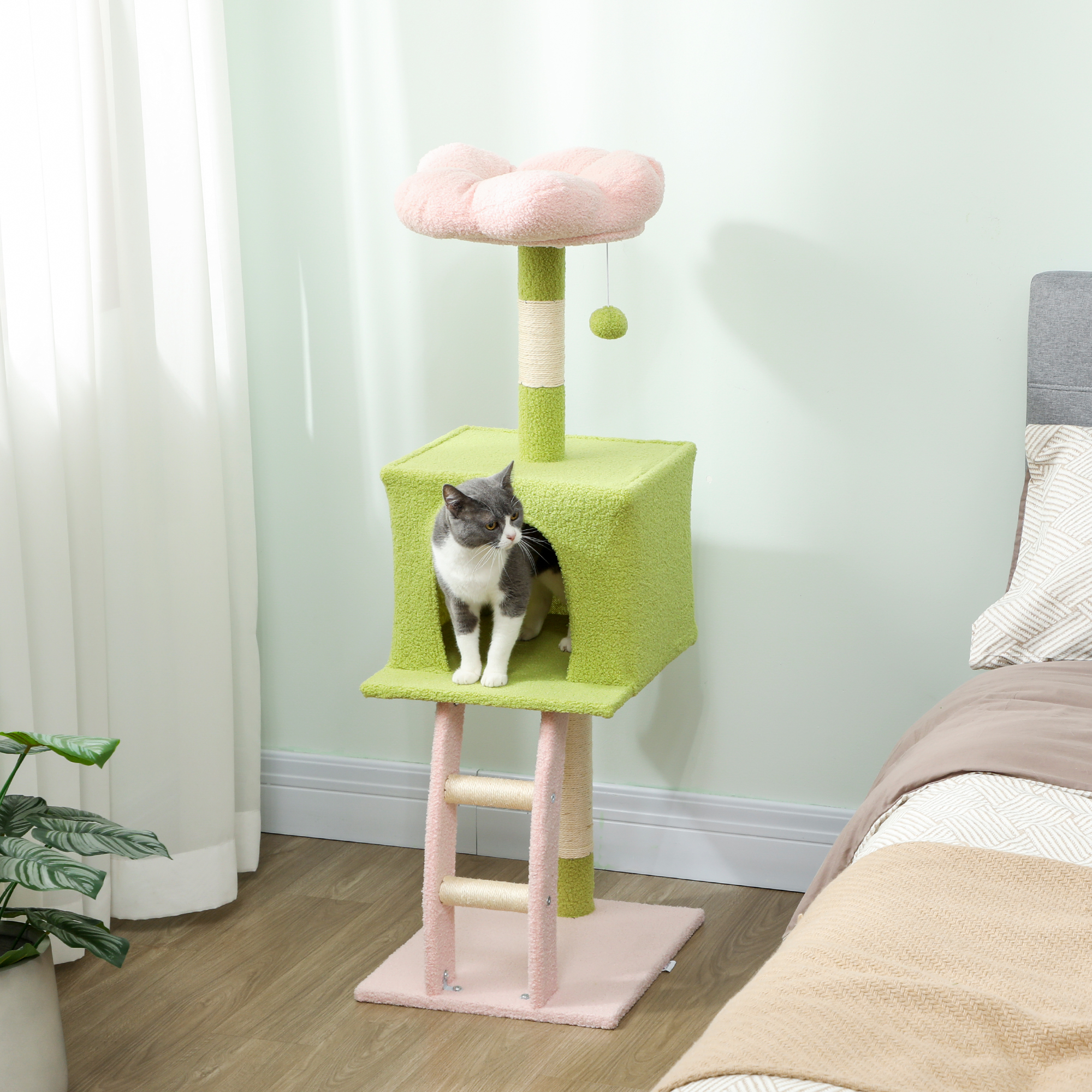 48" Flower Cat Tree with Scratching Post, Cozy Bed, Condo, Climbing Ladder, Perch, Dangling Ball, Green