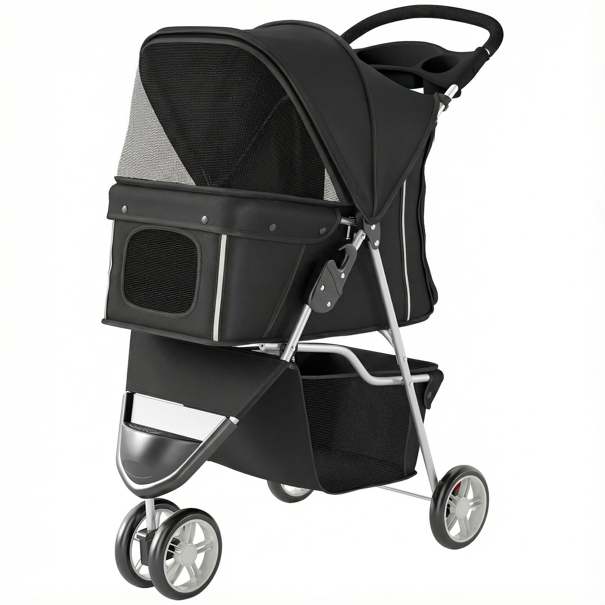 3 Wheels Foldable Dog Stroller with Storage Basket, Adjustable Canopy, Cupholder for Miniature and Small Dogs, Black