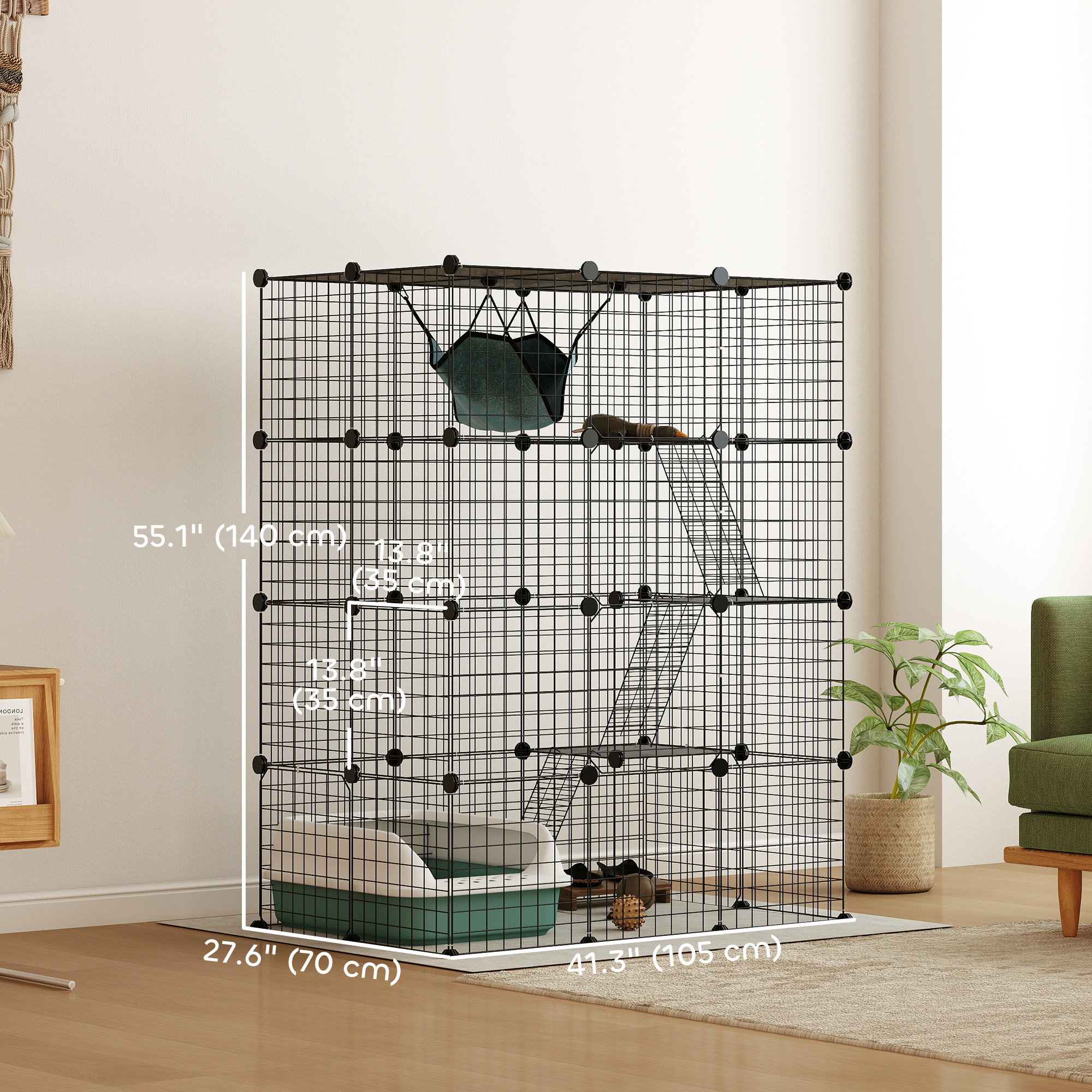 4-Tier DIY Large Cat Cage with Hammock, Platforms, Ramps, Accessories for 1-3 Cats, Indoor Use, Black