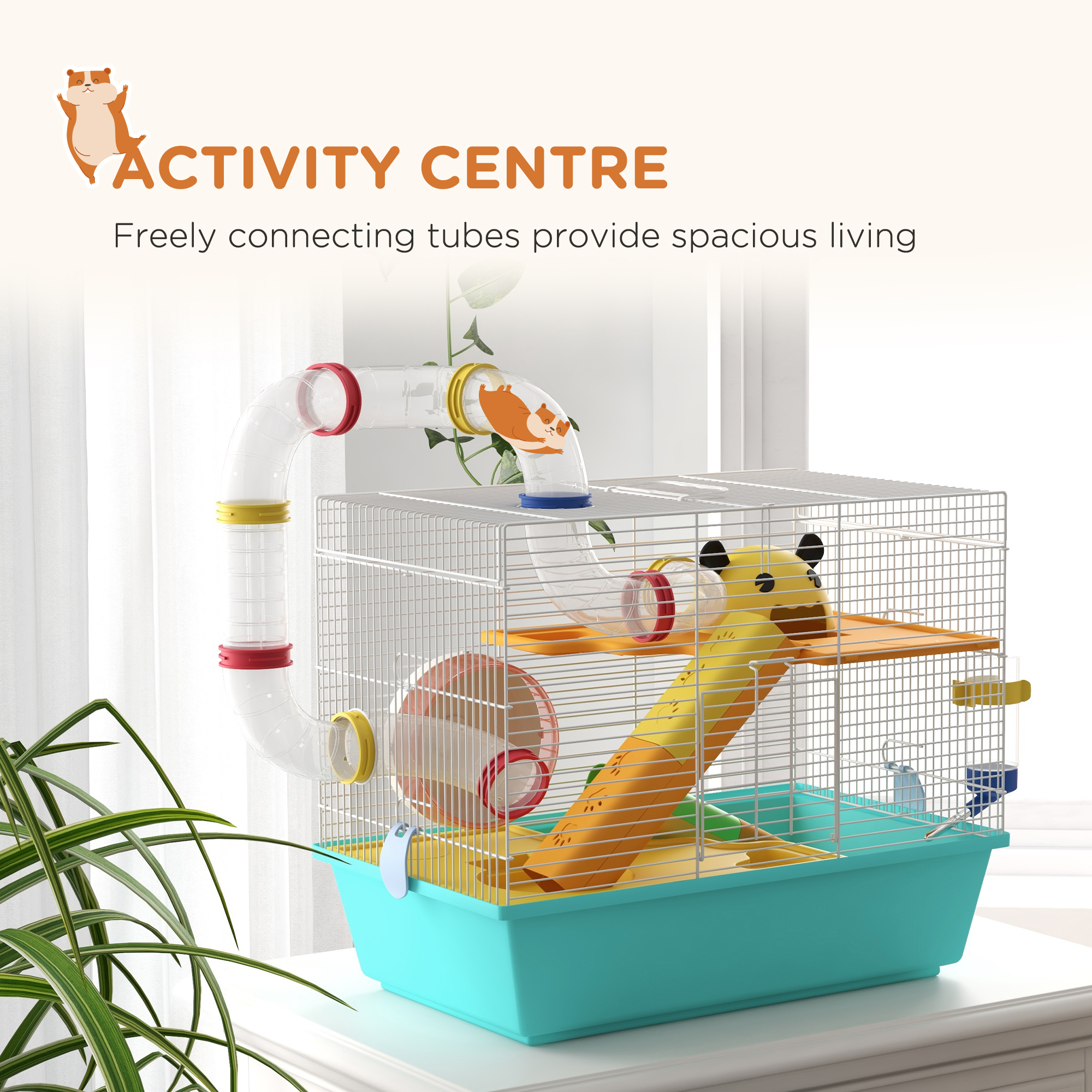 3 Tiers Hamster Cage for Gerbil, Dwarf Hamster with Tunnels, Water Bottle, Exercise Wheel, 18" x 11" x 15" - Light Blue