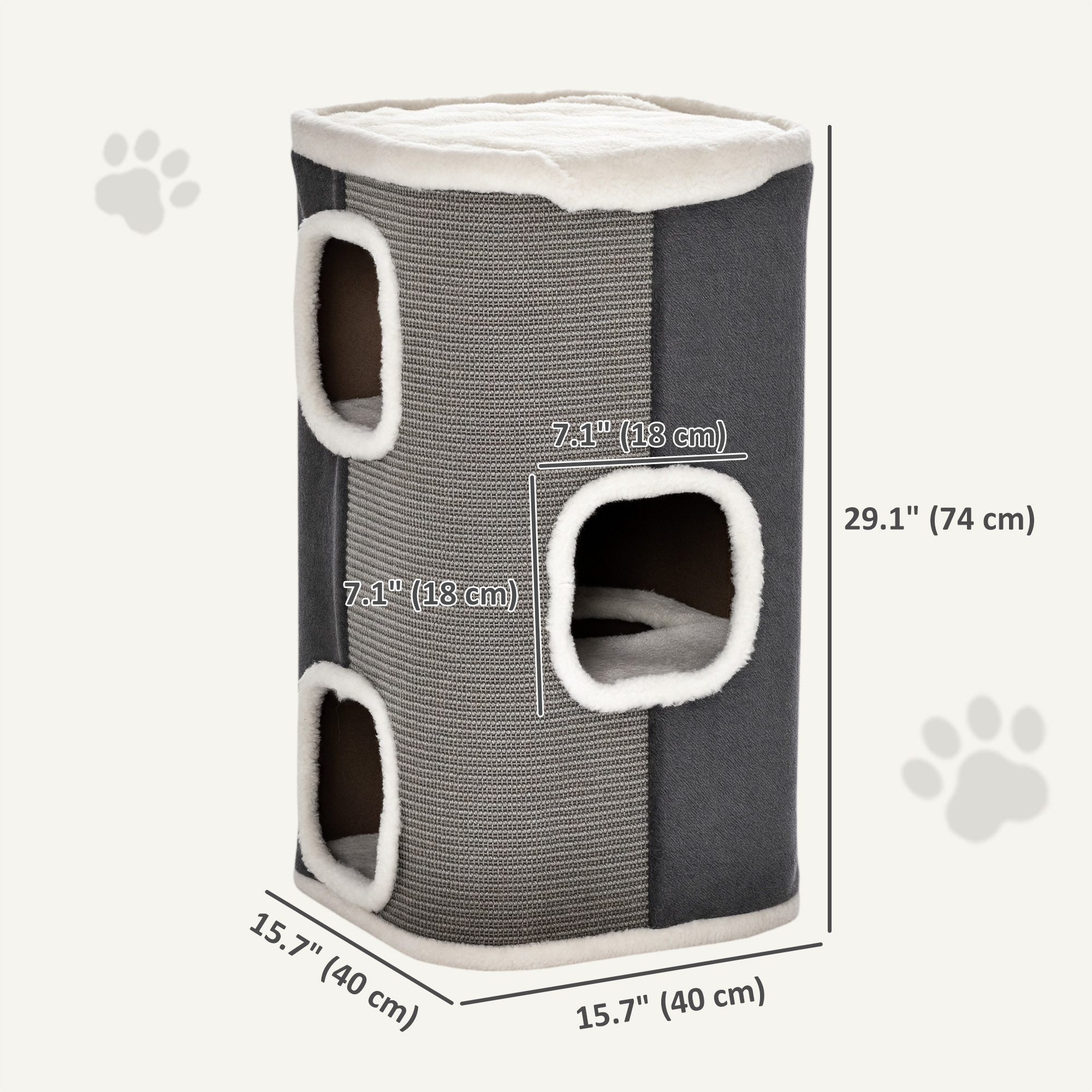 4-Story Cat House for Indoor, Cat Condo with Sisal Scratching Surface, Removable Cushion, 16" x 16" x 29", Grey