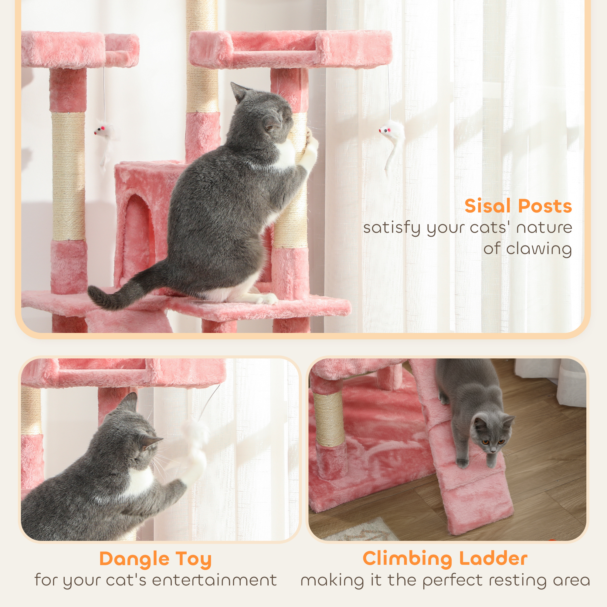 68-inch Multi-Level Cat Scratching Tree Kitty Activity Center Post Tower Condo Pet Furniture w/ Toy Pink