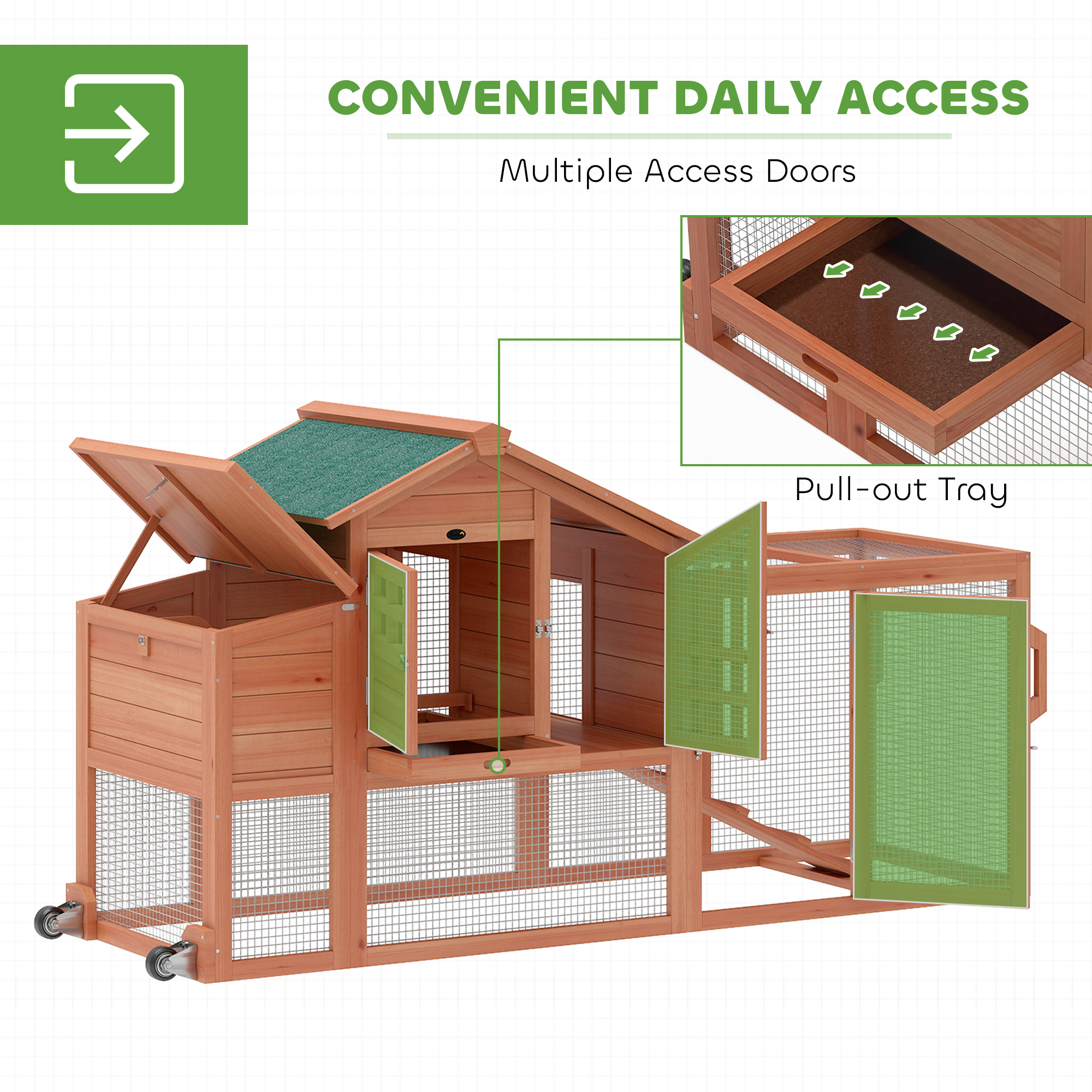 Chicken Coop with Run Mobile Wooden Hen House with Nesting Box Pull-out Tray for 1-2 Chickens Orange