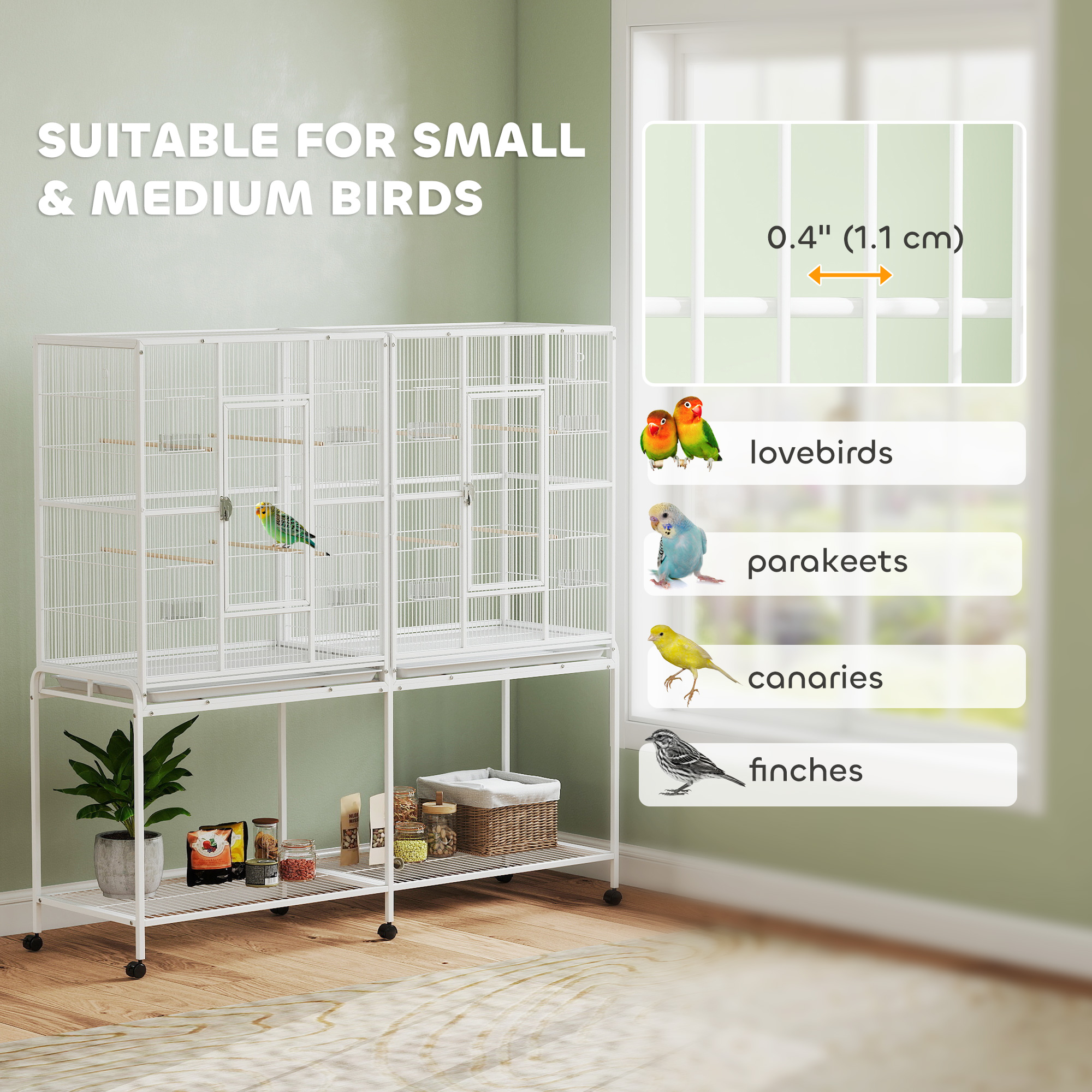 64" Large Rolling Bird Cage Bird House with Detachable Rolling Stand, Storage Shelf, Wood Perch Food Container, White - Image 7