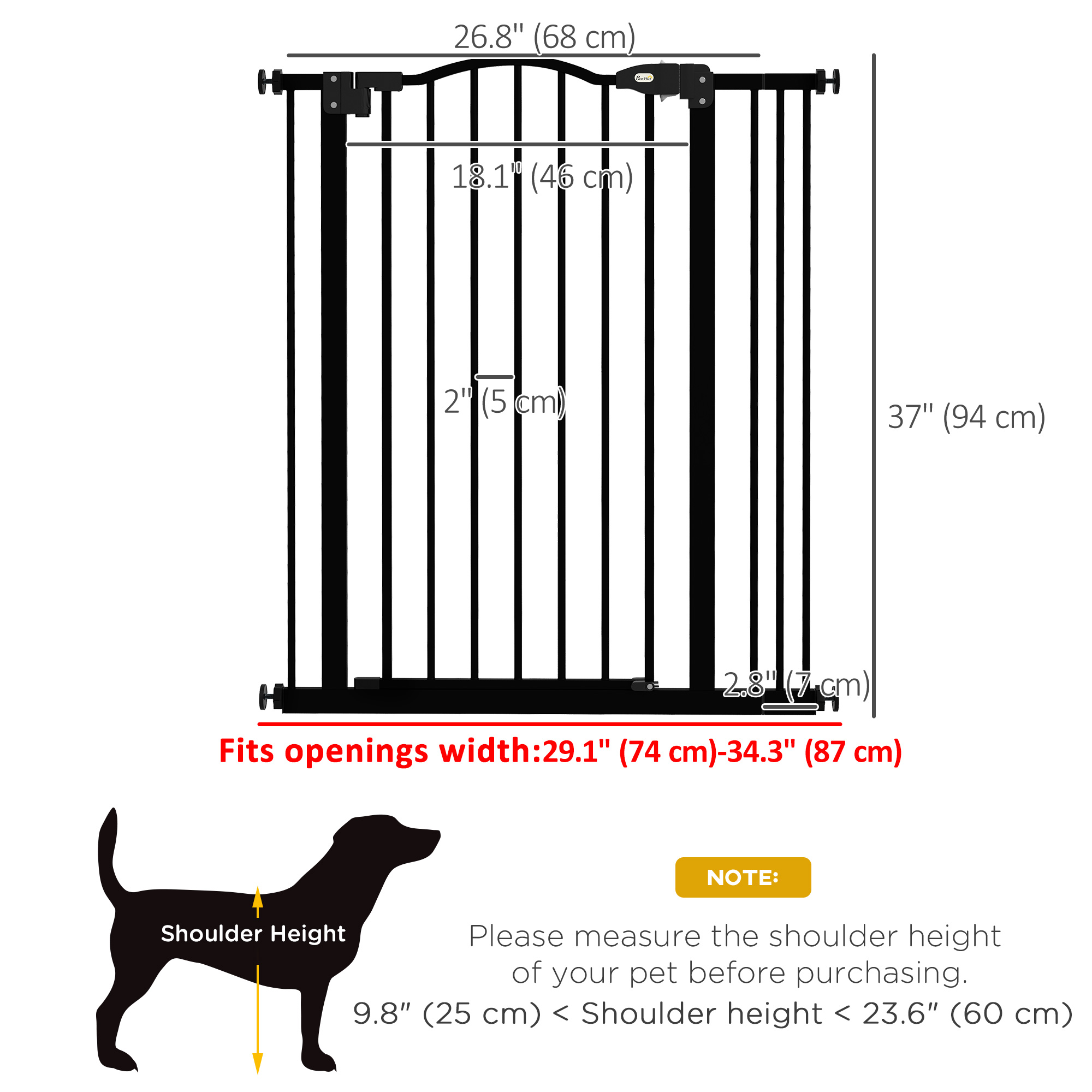 Extra Tall Dog Gate with Door, Pressure Fit, Auto Close, Double Locking for Doorways Hallways Stairs, 29"-34", Black