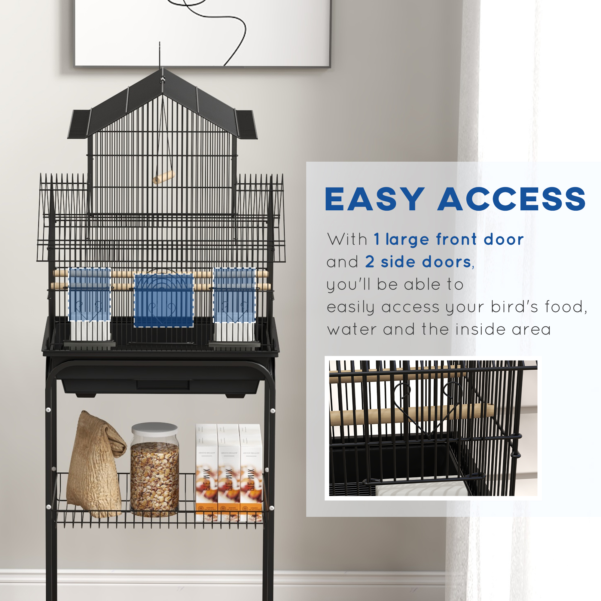 48" Bird Cage with Perch, Swing, Food Container, Slide-out Tray, Handle, Parrot Cage for Finches, Canaries, Budgies