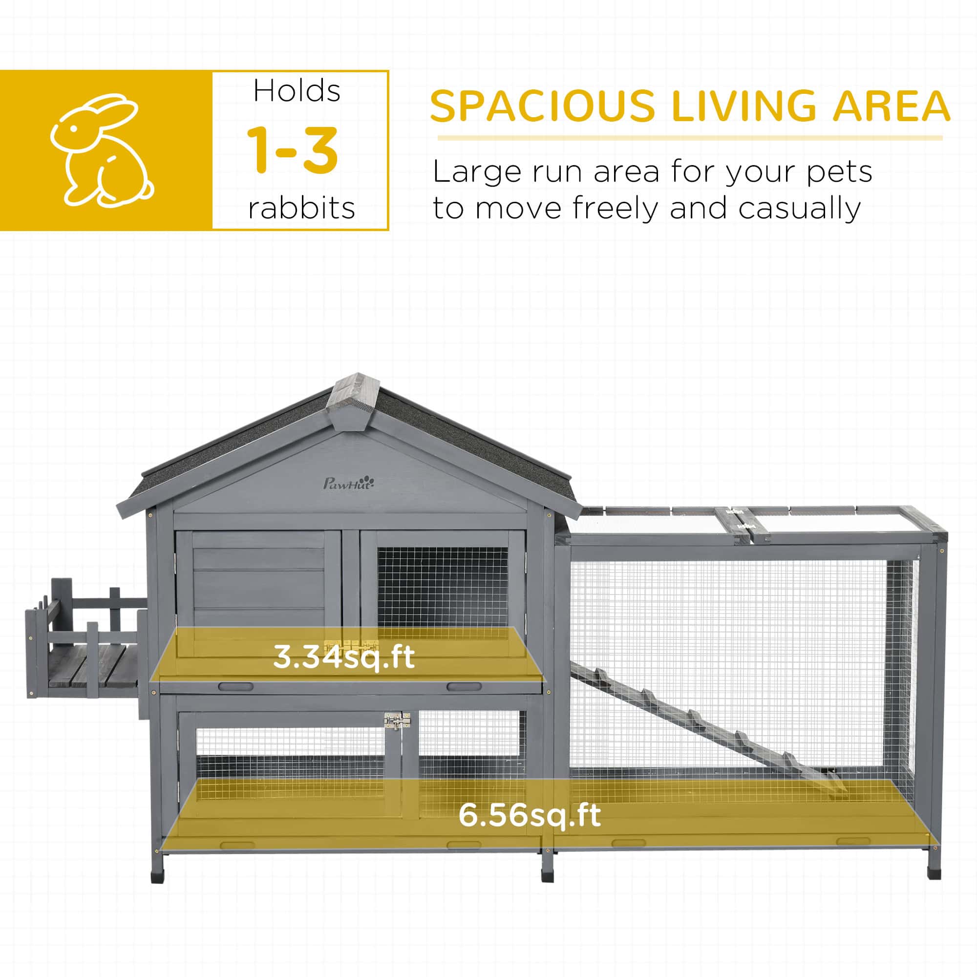 65" Wooden Rabbit Hutch, Pet Playpen with Openable Roof, Storage Box, for Rabbits and Small Animals, Dark Grey - Image 4