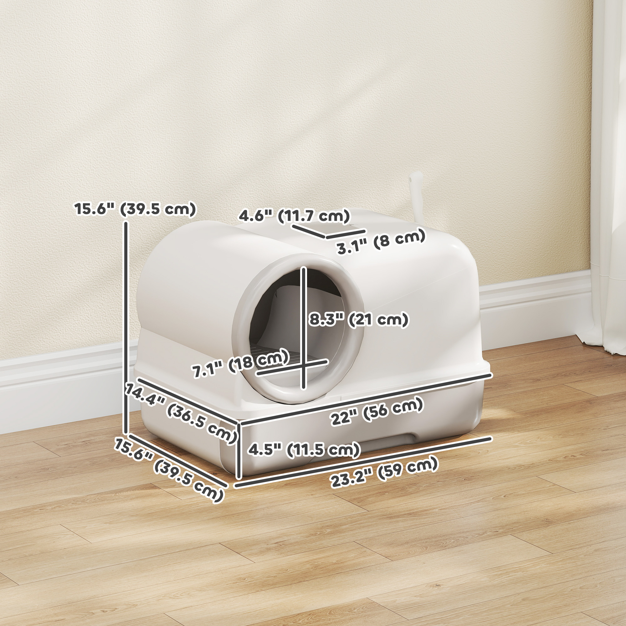 Cat Litter Box Easy Clean Drawer Odor Control Hooded Cat Litter Tray with Scoop White and Grey