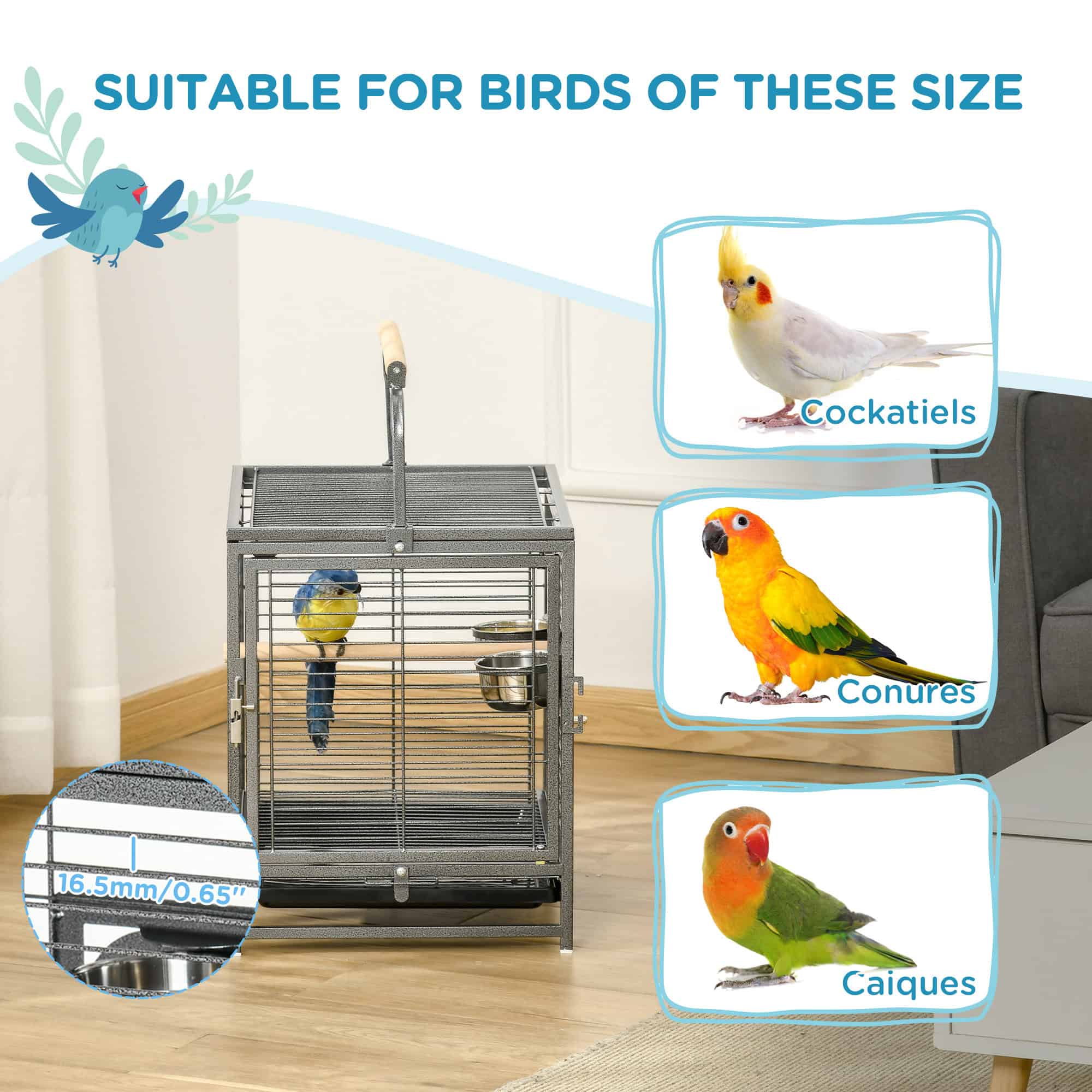 Bird Travel Carrier Cage, Portable Metal Bird Cage for Parrots Conures Cockatiel Parakeets with Stand Perch, Stainless Steel Bowls, Pull Out Tray, 19" x 15" x 26", Black