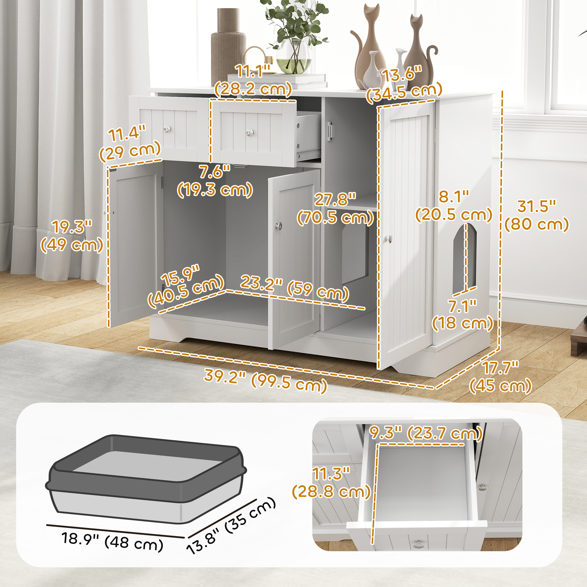 Cat Litter Box Enclosure with Drawer, Storage, Anti-tip Kit, for Living Room, Bedroom, White
