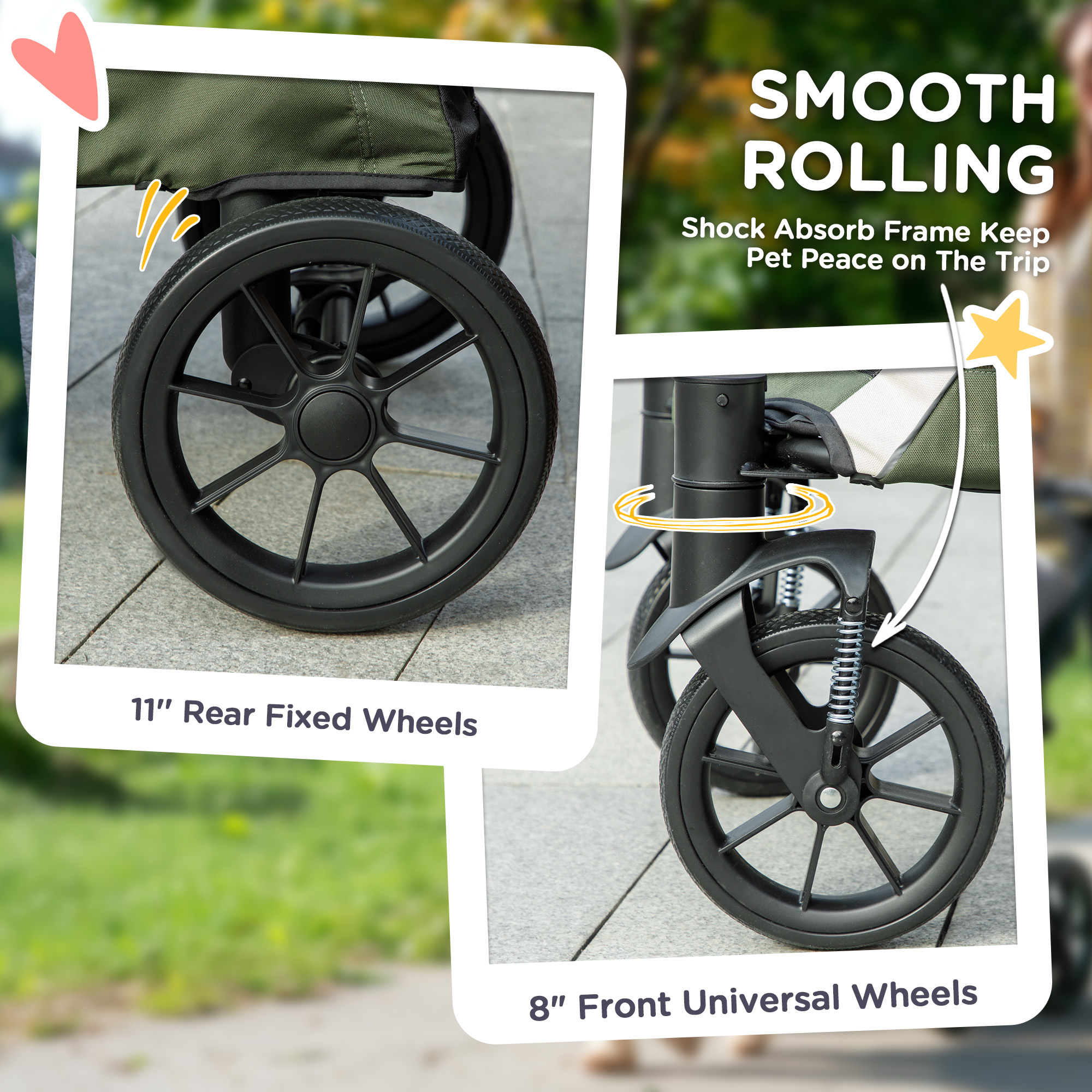 Foldable Pet Stroller for Medium Dogs with Four Big Wheels, Shock-Absorbing Frame, Safety Leashes, Brakes, Dark Green - Image 7